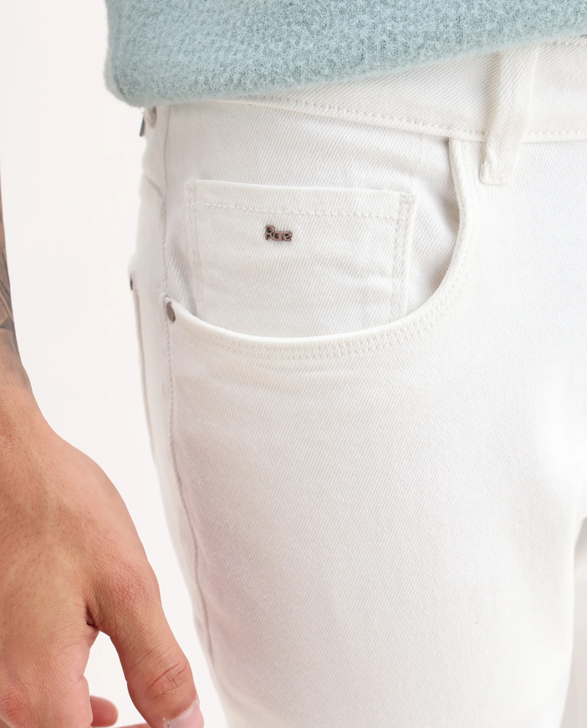 Rare Rabbit Men's Bone Whtie Cotton Blend Fabric Hawk Slim Plain Jeans - Image 3