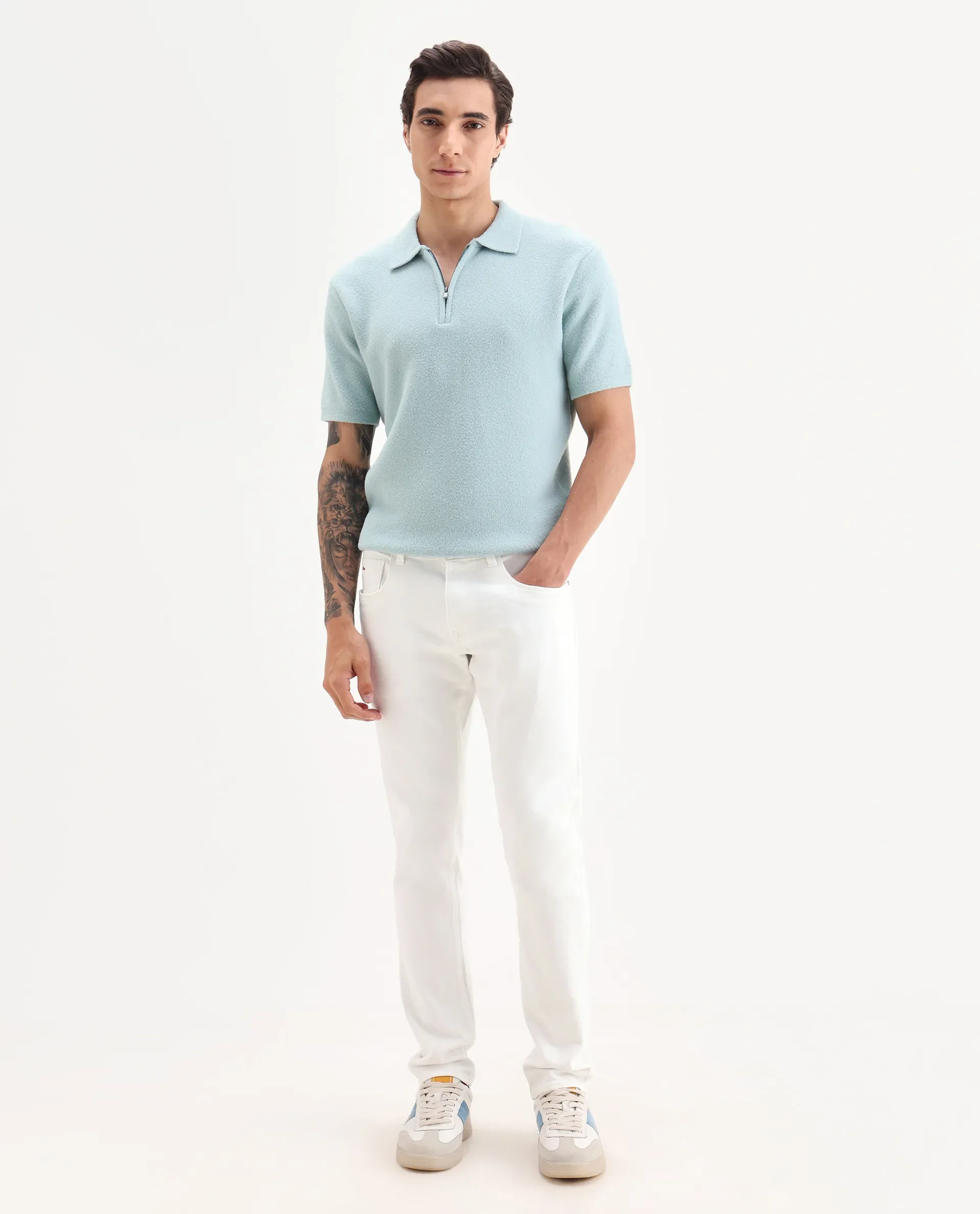 Rare Rabbit Men's Bone Whtie Cotton Blend Fabric Hawk Slim Plain Jeans - Image 4