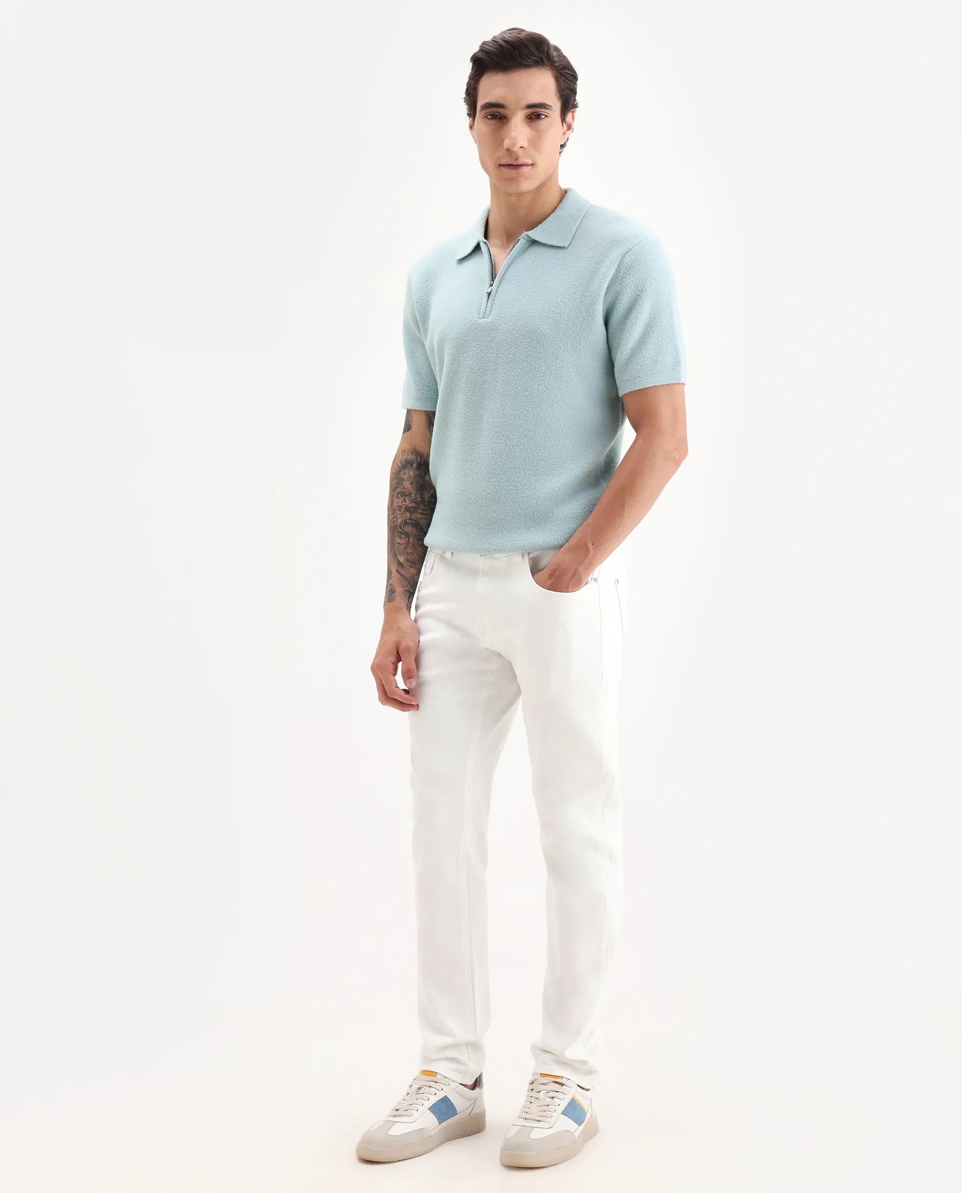 Rare Rabbit Men's Bone Whtie Cotton Blend Fabric Hawk Slim Plain Jeans - Image 5