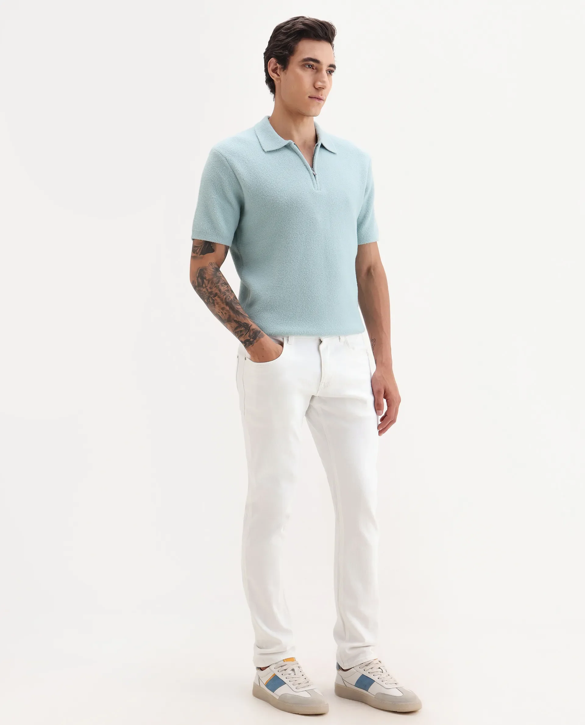 Rare Rabbit Men's Bone Whtie Cotton Blend Fabric Hawk Slim Plain Jeans - Image 6
