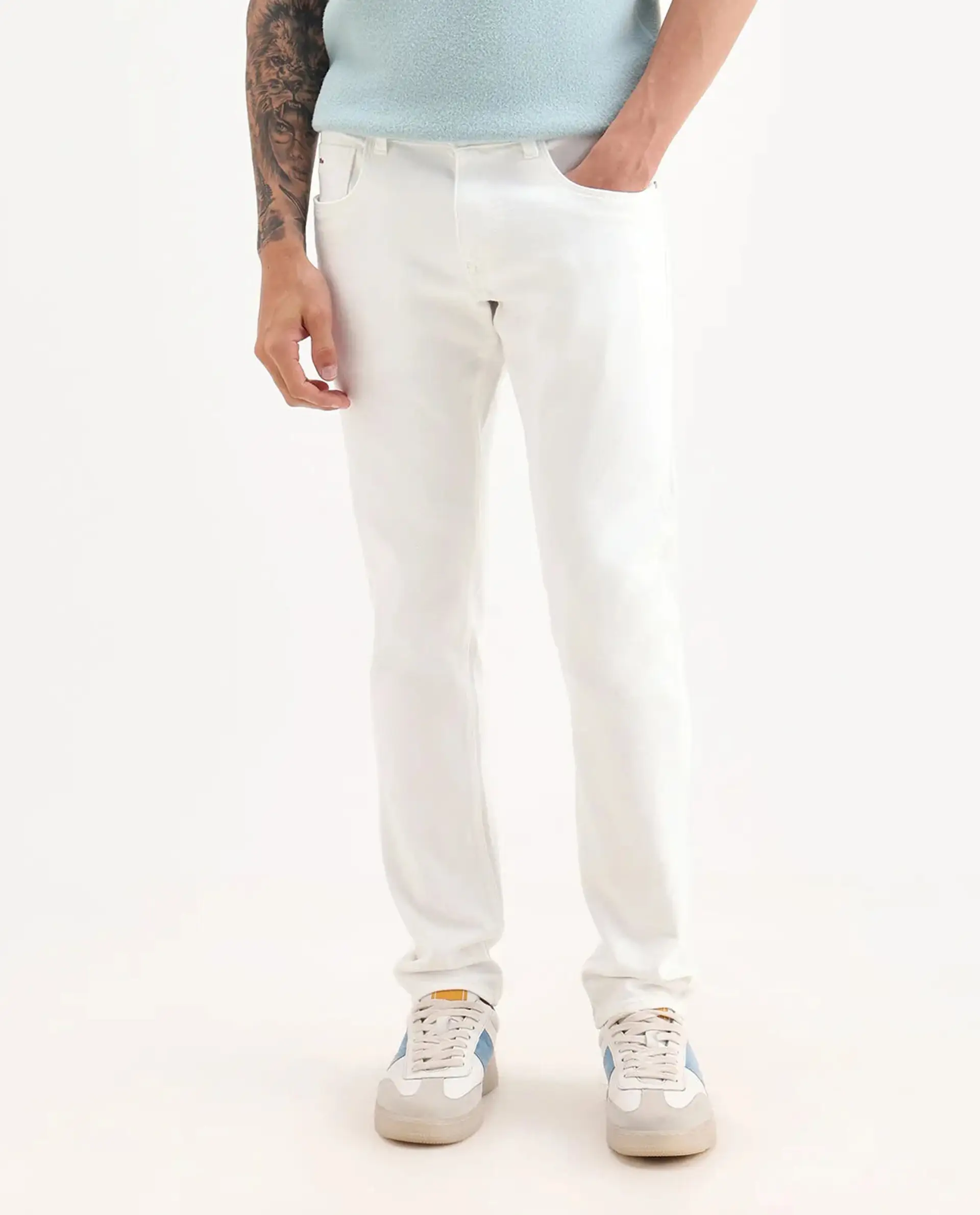 Rare Rabbit Men's Bone Whtie Cotton Blend Fabric Hawk Slim Plain Jeans - Image 9