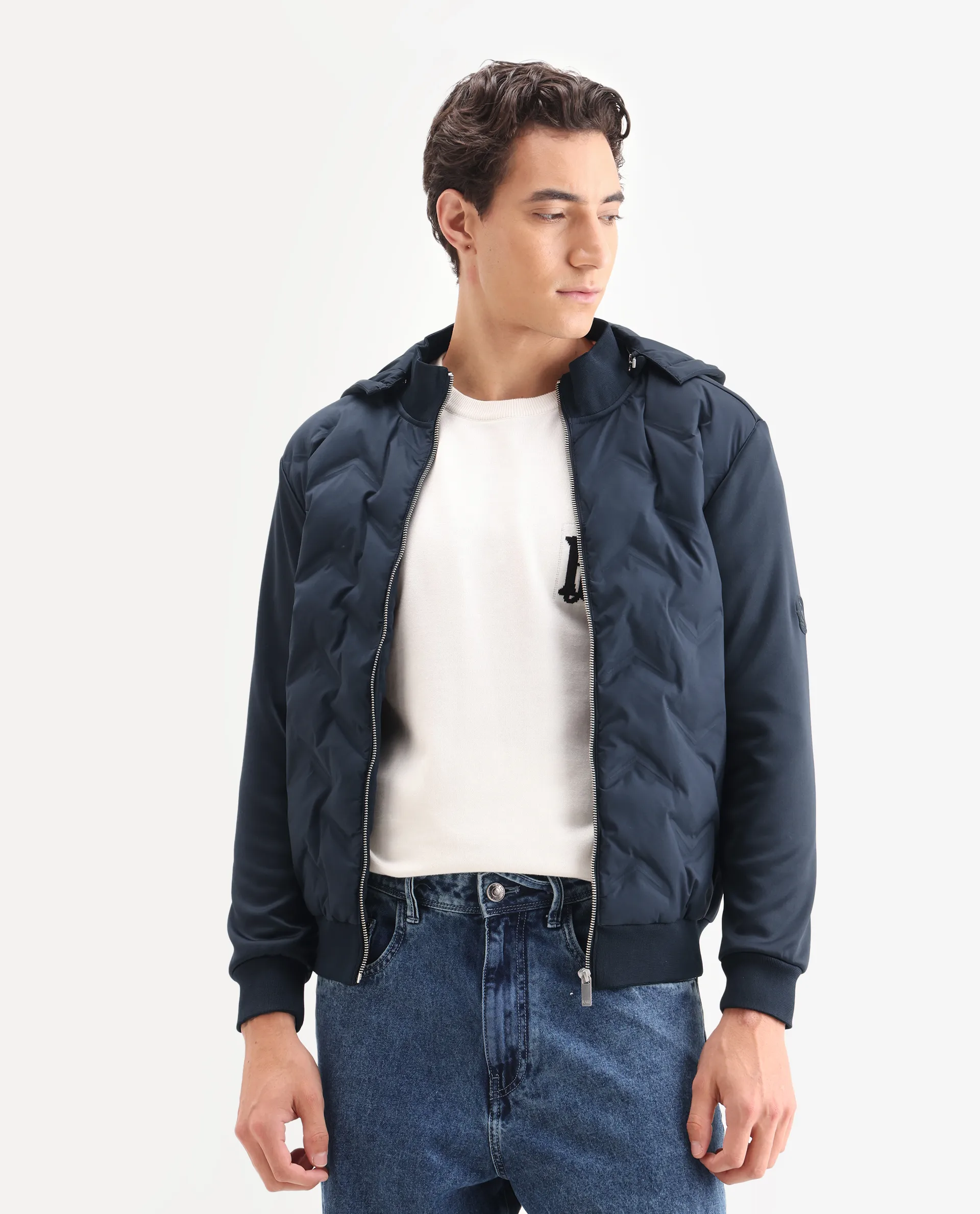 Rare Rabbit Men's Bonita Navy Polyester Plain Regular Fit Full Sleeve Hooded Jacket - Image 4