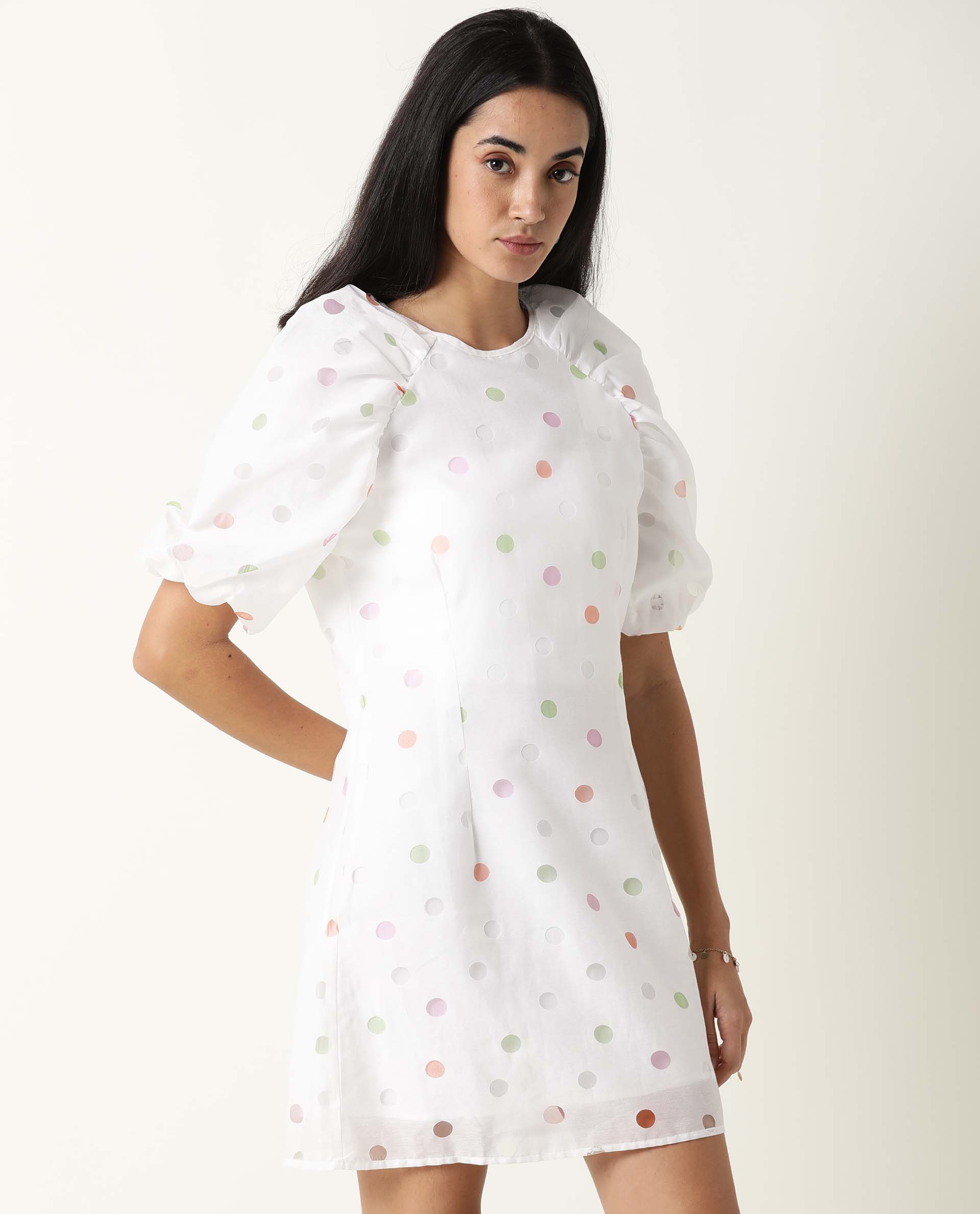Rareism Women's Bonito White Polyester Blend Crew Neck Polka Print Balloon Sleeve Mini Tailored Dress