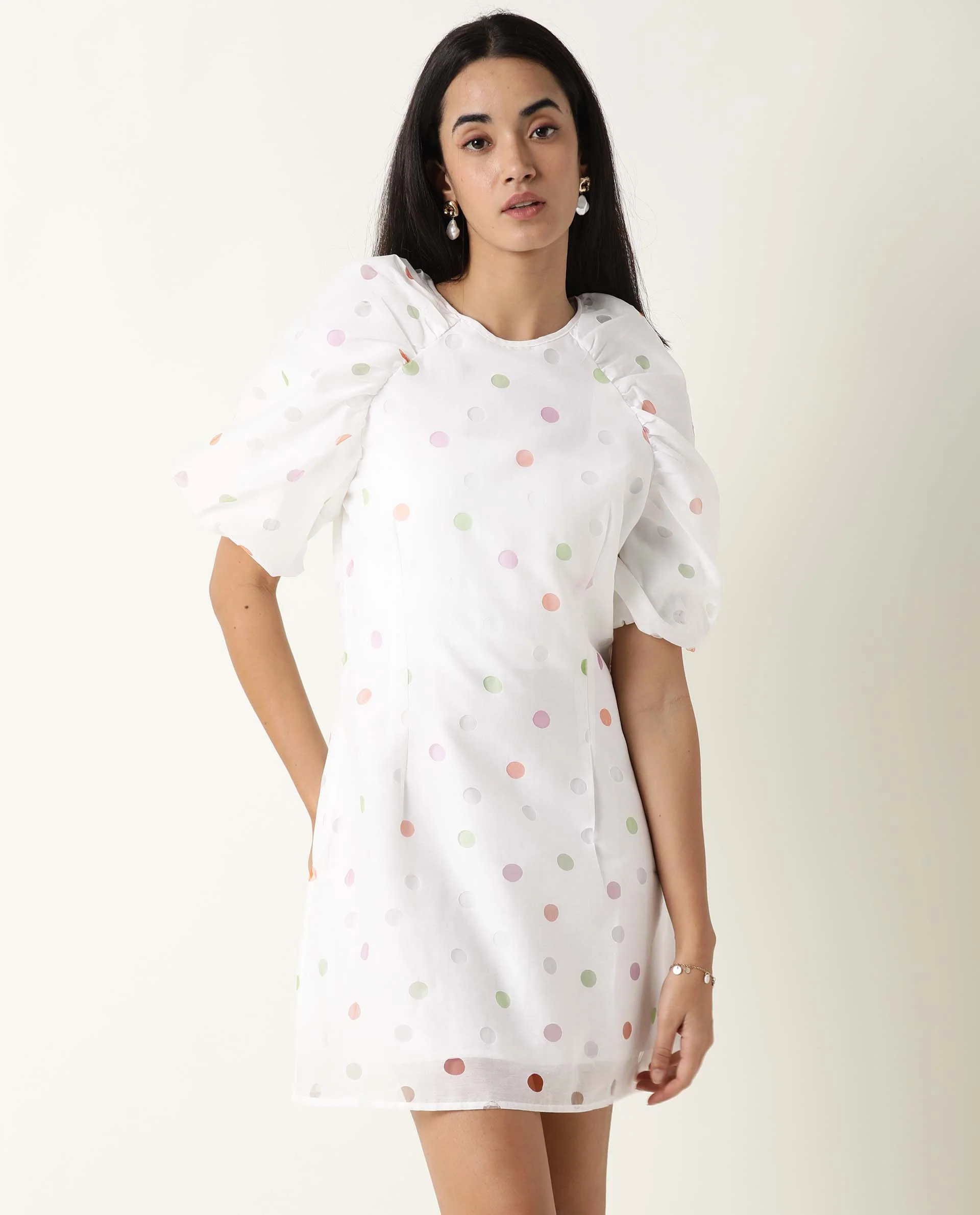 Rareism Women's Bonito White Polyester Blend Crew Neck Polka Print Balloon Sleeve Mini Tailored Dress - Image 2