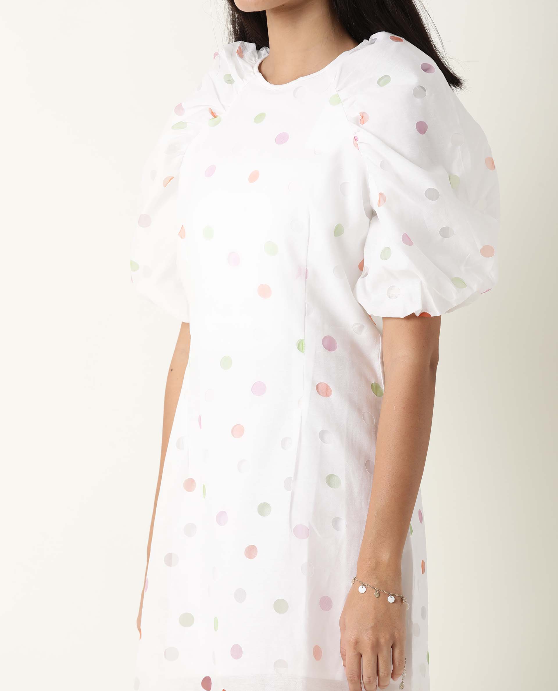 Rareism Women's Bonito White Polyester Blend Crew Neck Polka Print Balloon Sleeve Mini Tailored Dress - Image 3
