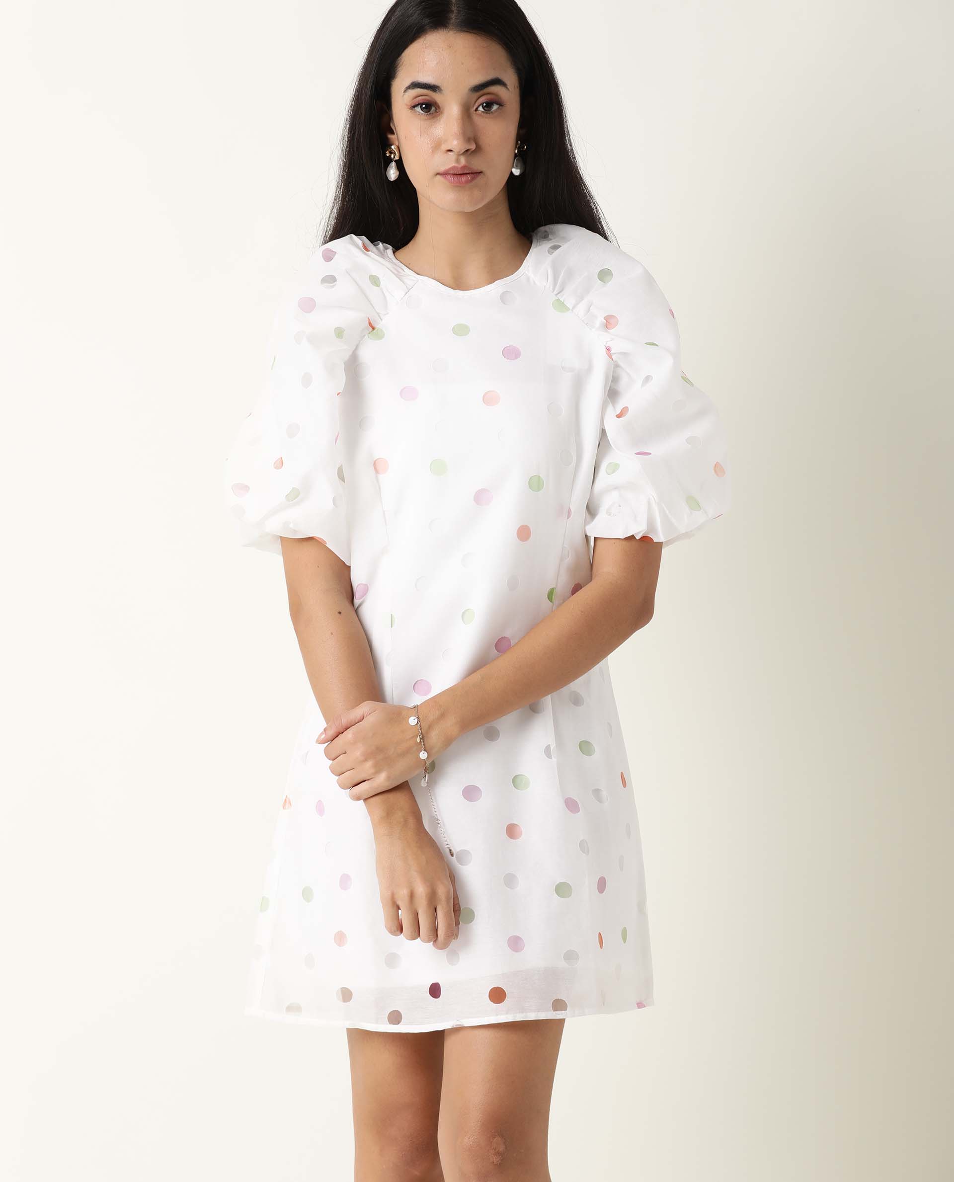 Rareism Women's Bonito White Polyester Blend Crew Neck Polka Print Balloon Sleeve Mini Tailored Dress - Image 4