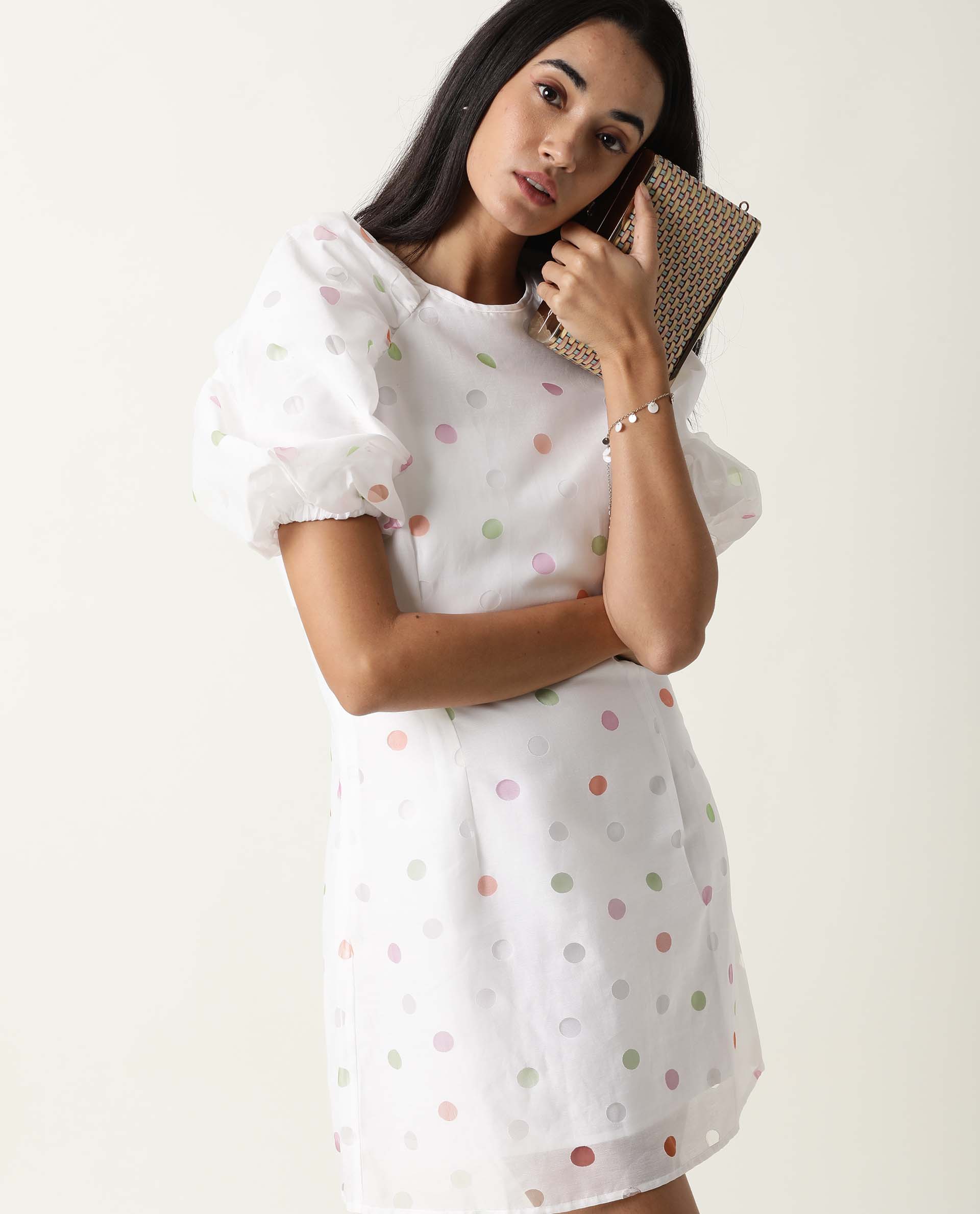 Rareism Women's Bonito White Polyester Blend Crew Neck Polka Print Balloon Sleeve Mini Tailored Dress - Image 5