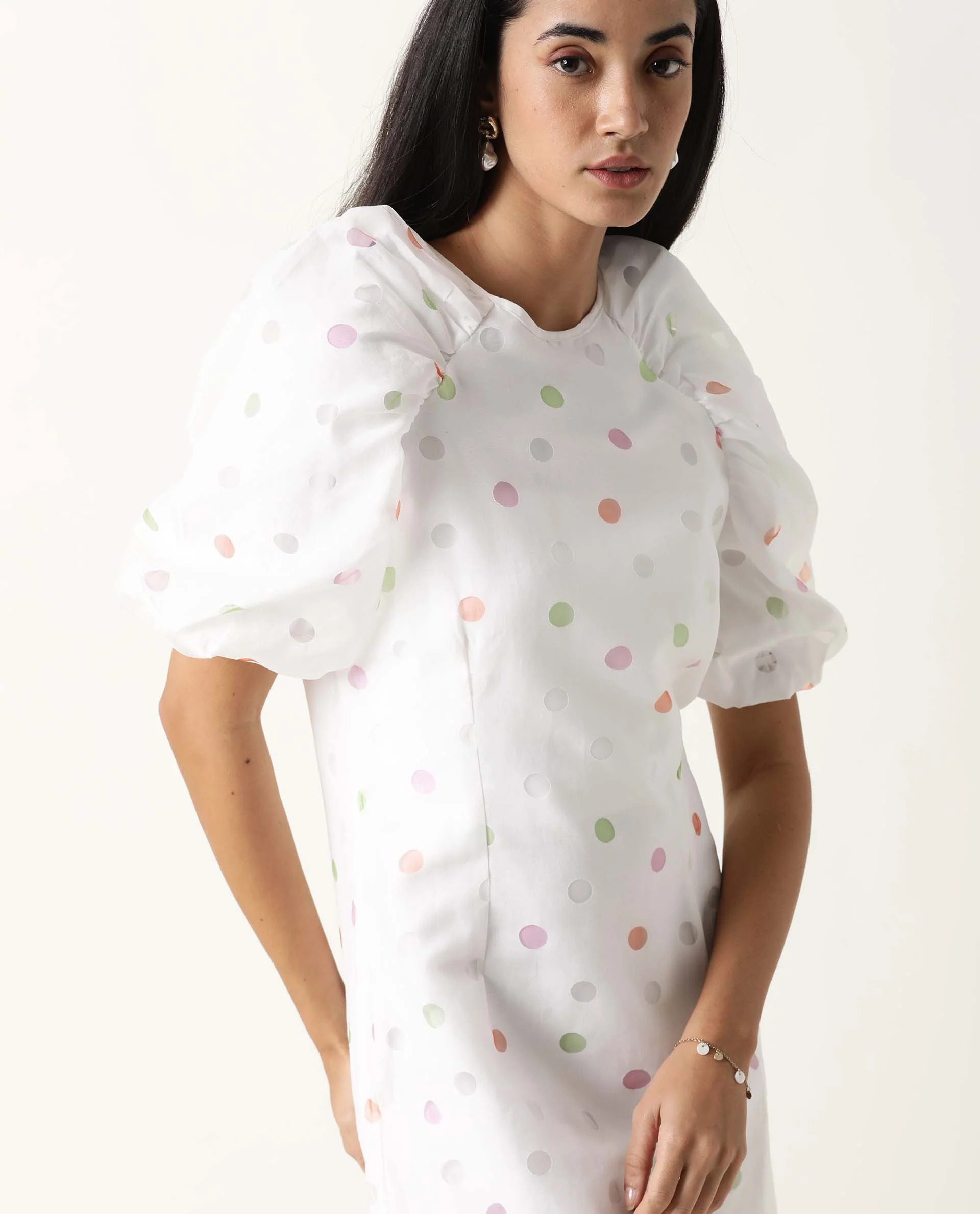 Rareism Women's Bonito White Polyester Blend Crew Neck Polka Print Balloon Sleeve Mini Tailored Dress - Image 6