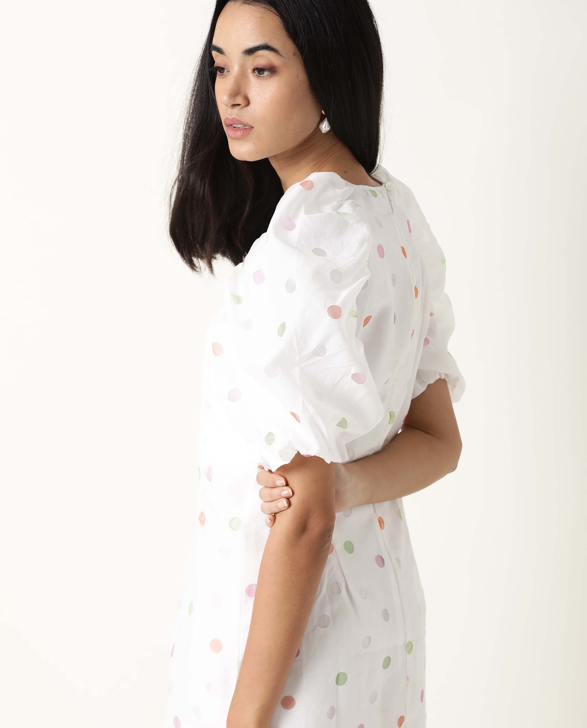 Rareism Women's Bonito White Polyester Blend Crew Neck Polka Print Balloon Sleeve Mini Tailored Dress - Image 7