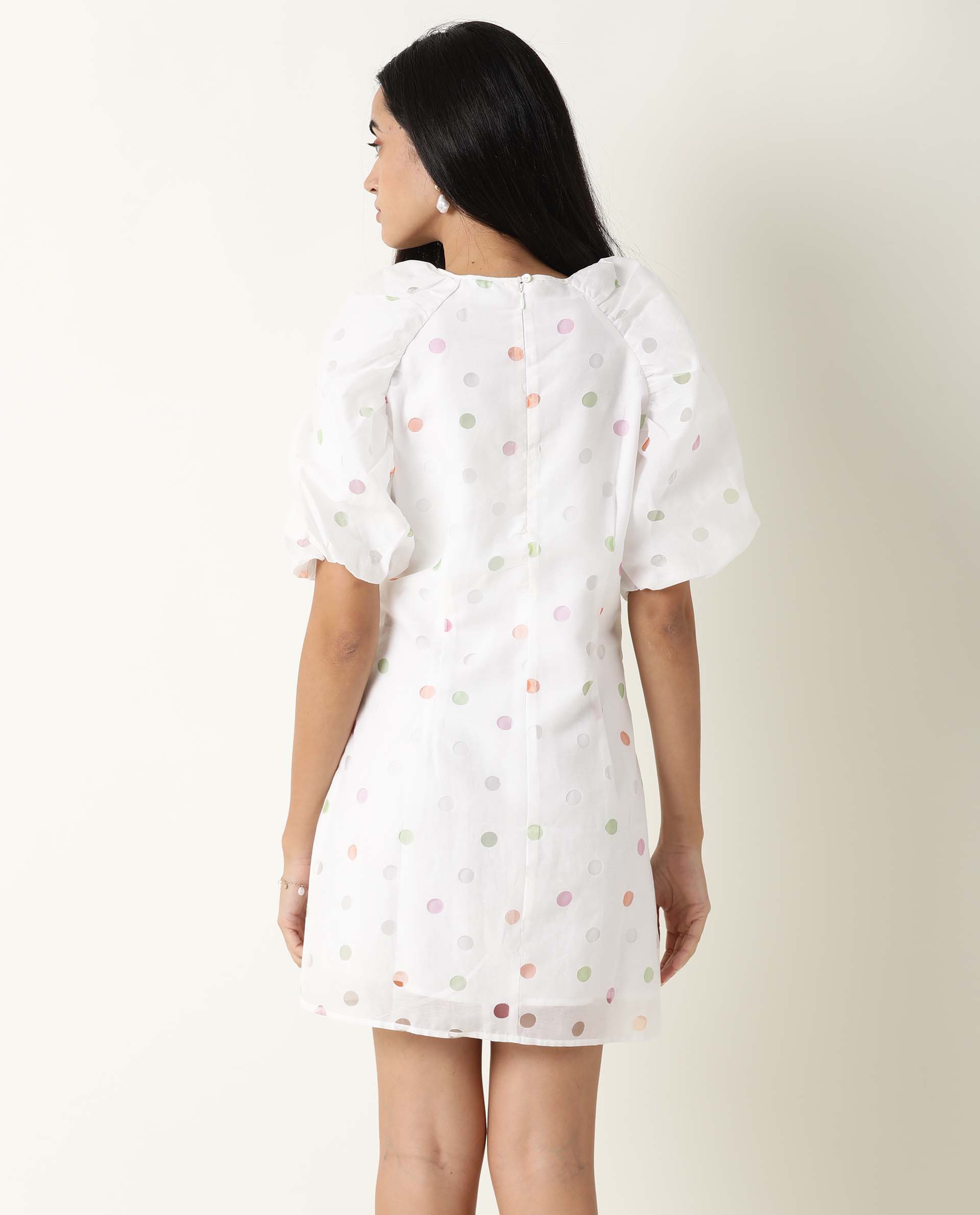 Rareism Women's Bonito White Polyester Blend Crew Neck Polka Print Balloon Sleeve Mini Tailored Dress - Image 8