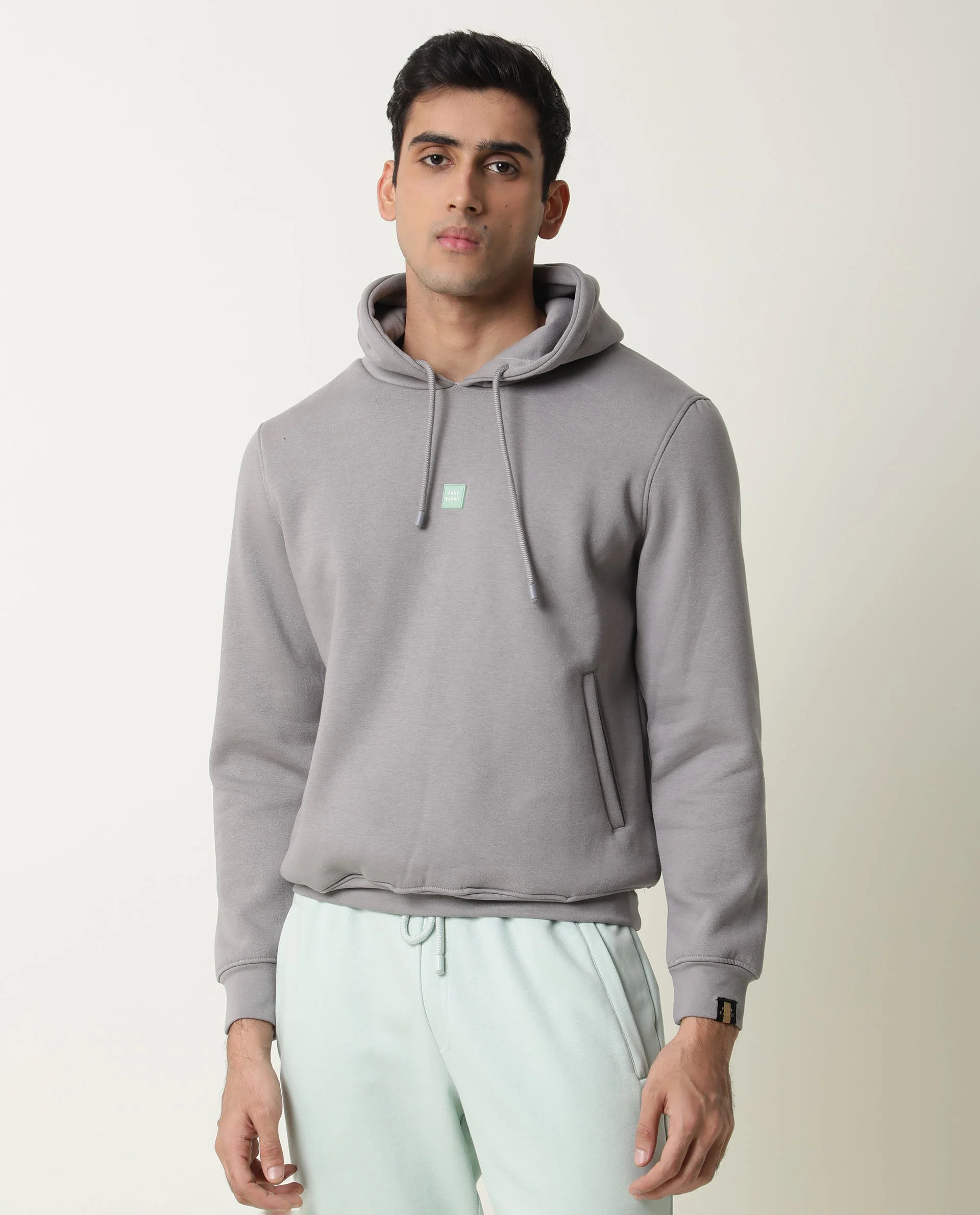 Rare Rabbit Men's Bono Grey Cotton Slim Fit Full Sleeve Hooded Sweatshirt - Image 5