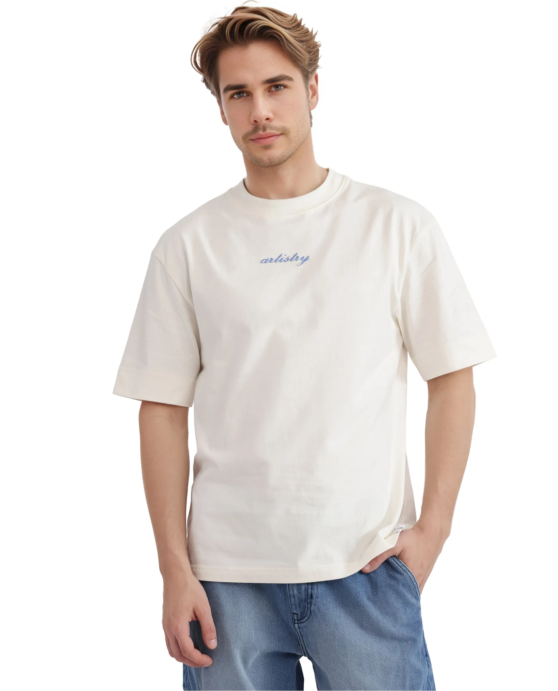 Rare Rabbit Men's Bonz-1 Off White Cotton Graphic Print Oversized Fit Half Sleeve Crew Neck T-Shirt - Image 4
