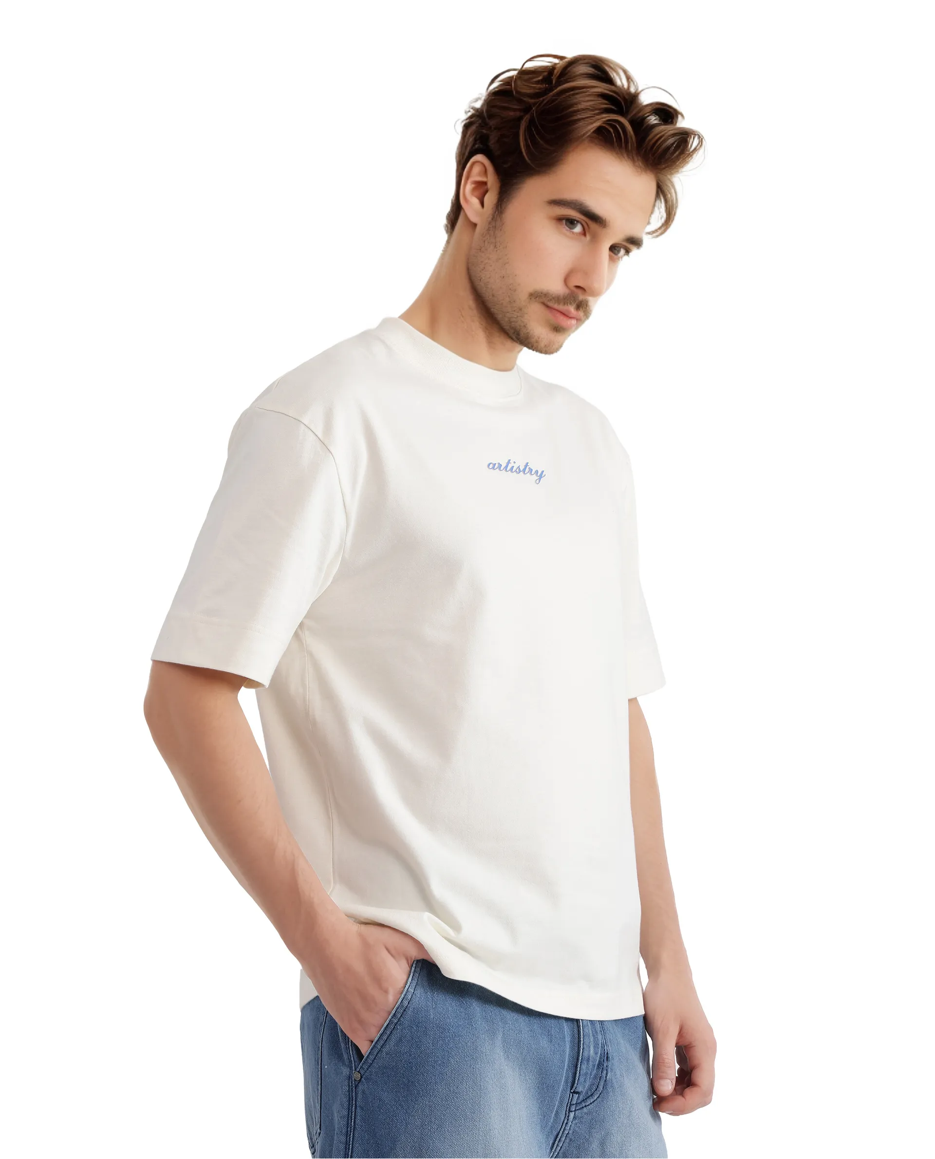 Rare Rabbit Men's Bonz-1 Off White Cotton Graphic Print Oversized Fit Half Sleeve Crew Neck T-Shirt - Image 6