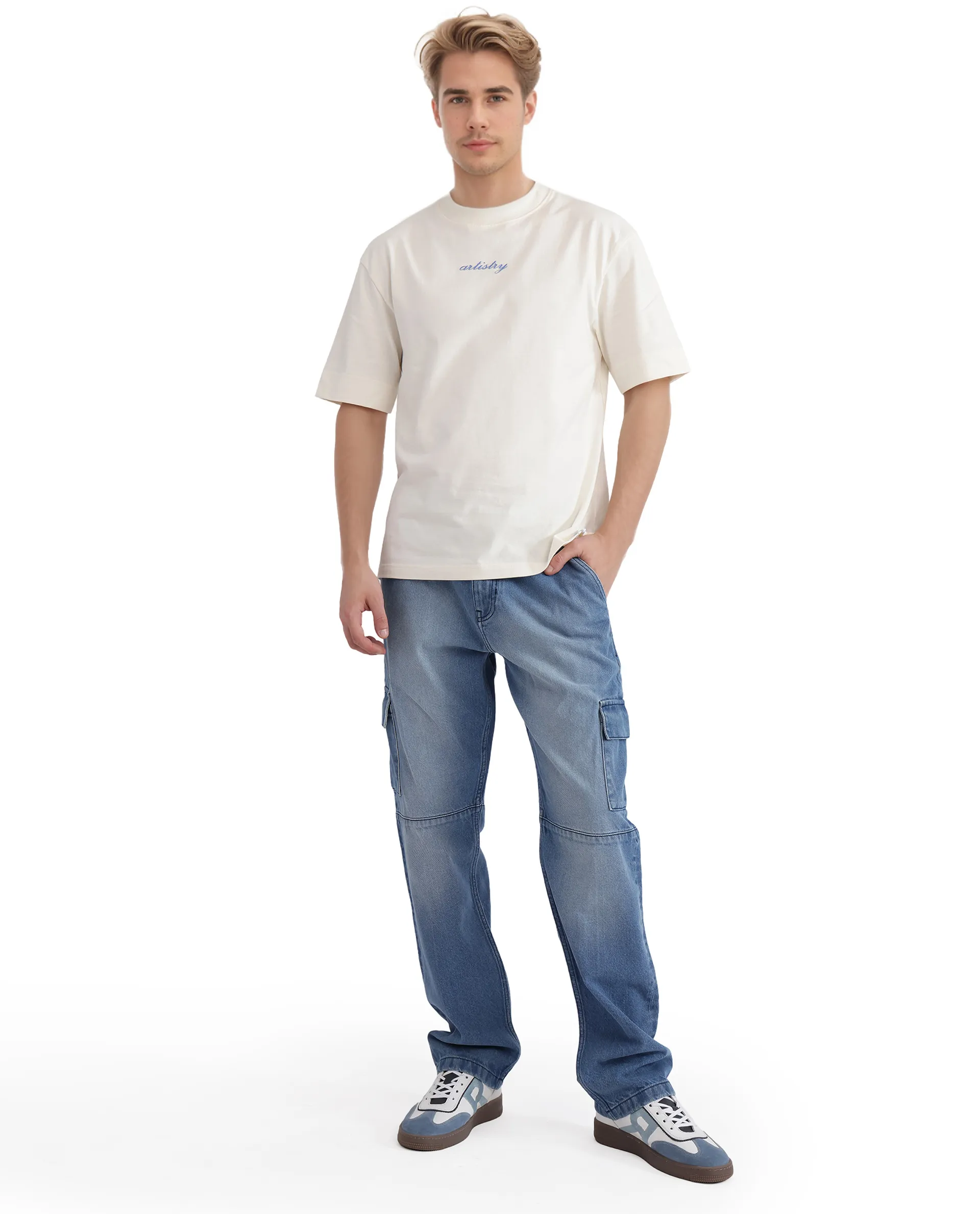 Rare Rabbit Men's Bonz-1 Off White Cotton Graphic Print Oversized Fit Half Sleeve Crew Neck T-Shirt - Image 9