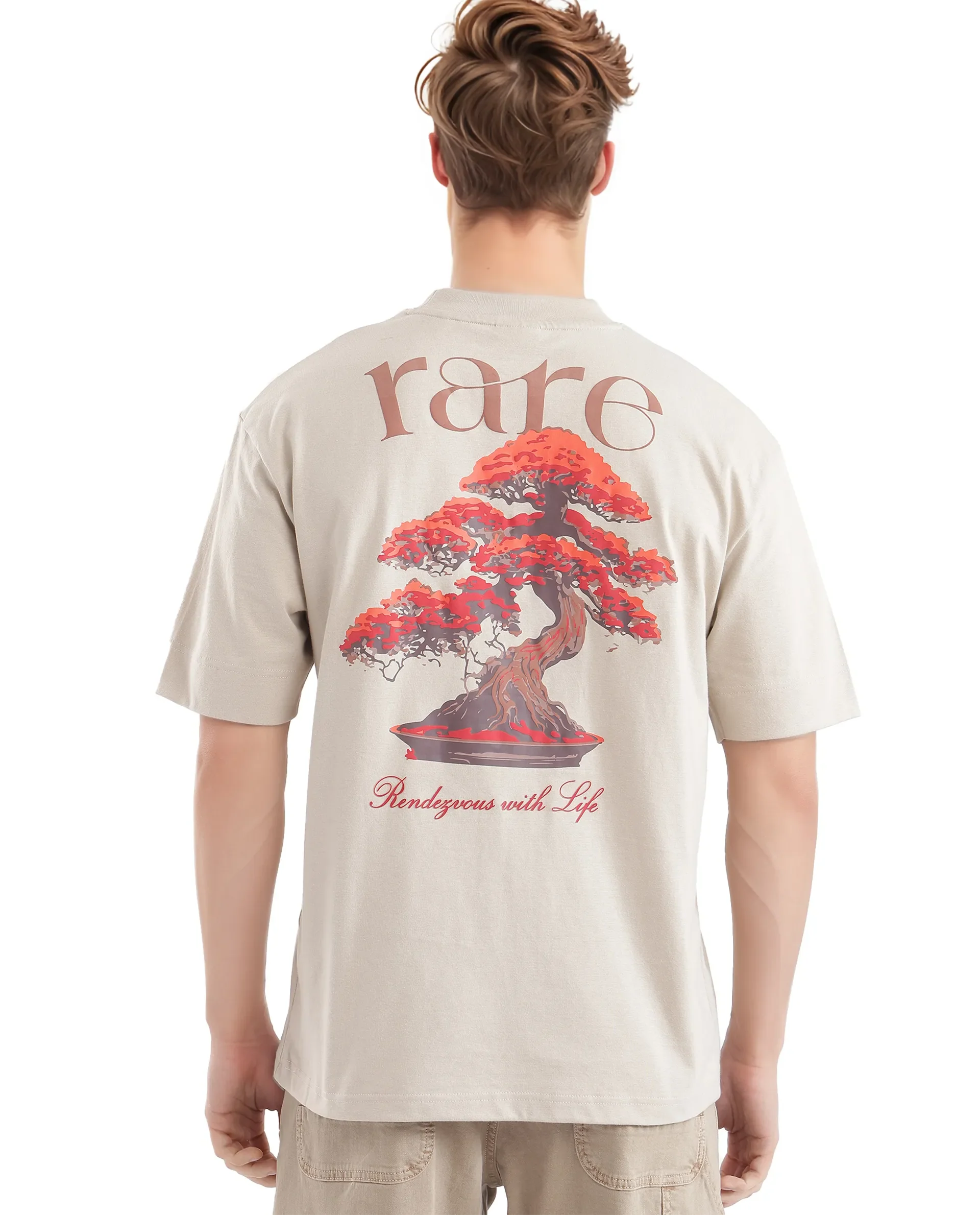 Rare Rabbit Men's Bonz-2 Beige Cotton Graphic Print Oversized Fit Half Sleeve Crew Neck T-Shirt - Image 4