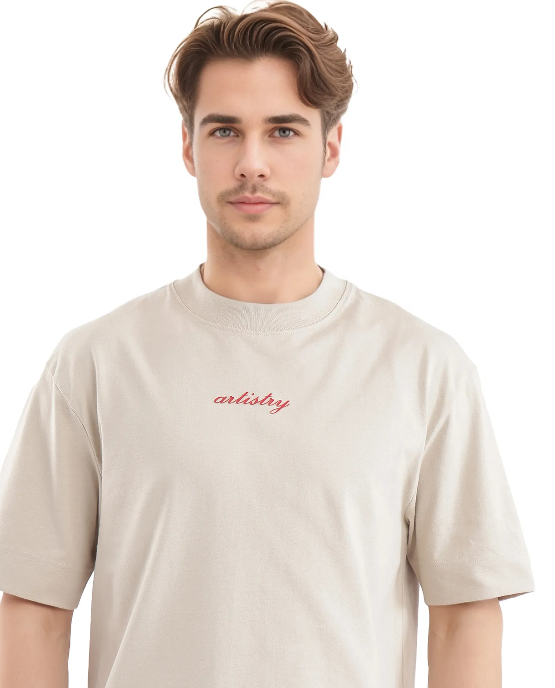 Rare Rabbit Men's Bonz-2 Beige Cotton Graphic Print Oversized Fit Half Sleeve Crew Neck T-Shirt - Image 5