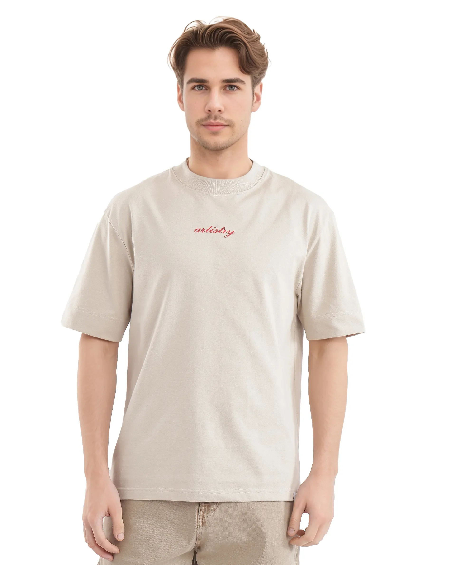 Rare Rabbit Men's Bonz-2 Beige Cotton Graphic Print Oversized Fit Half Sleeve Crew Neck T-Shirt - Image 6