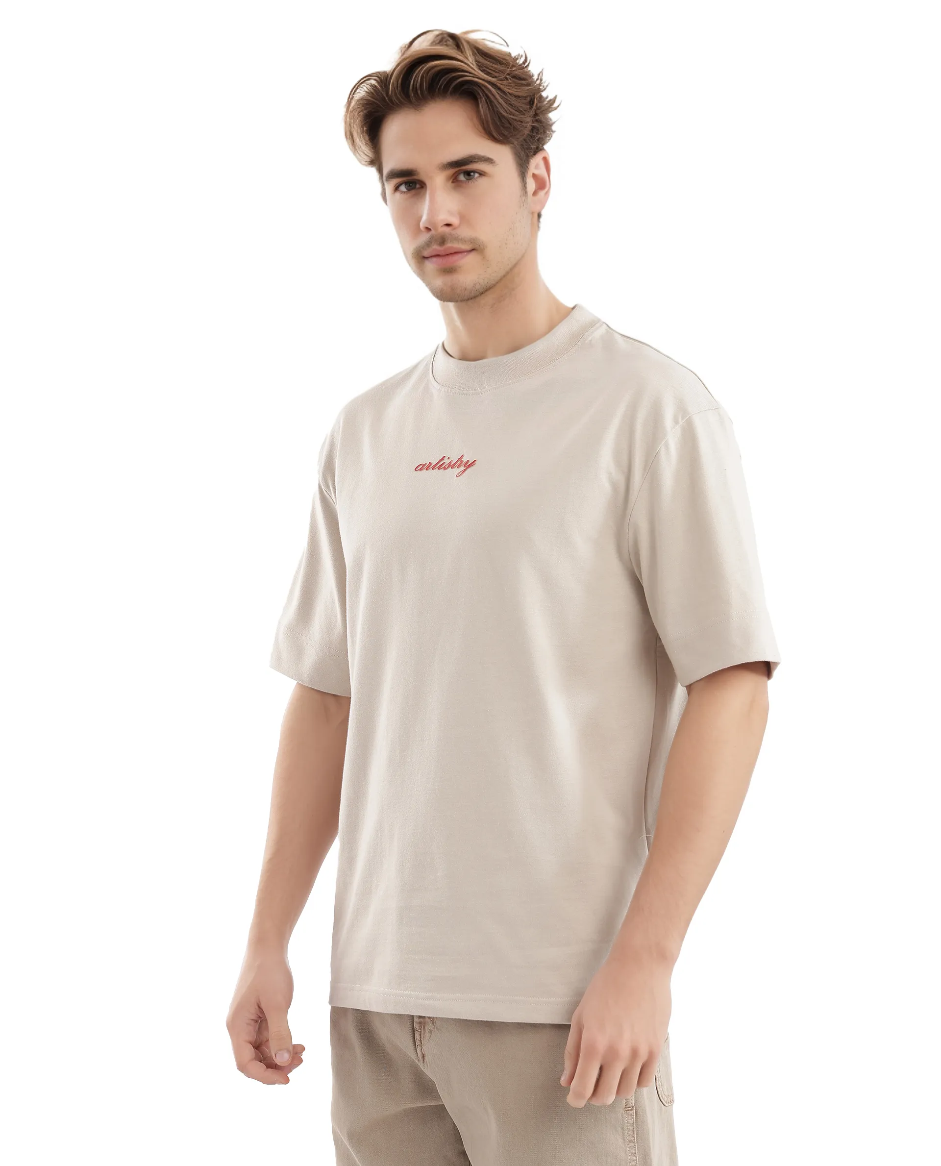 Rare Rabbit Men's Bonz-2 Beige Cotton Graphic Print Oversized Fit Half Sleeve Crew Neck T-Shirt - Image 8