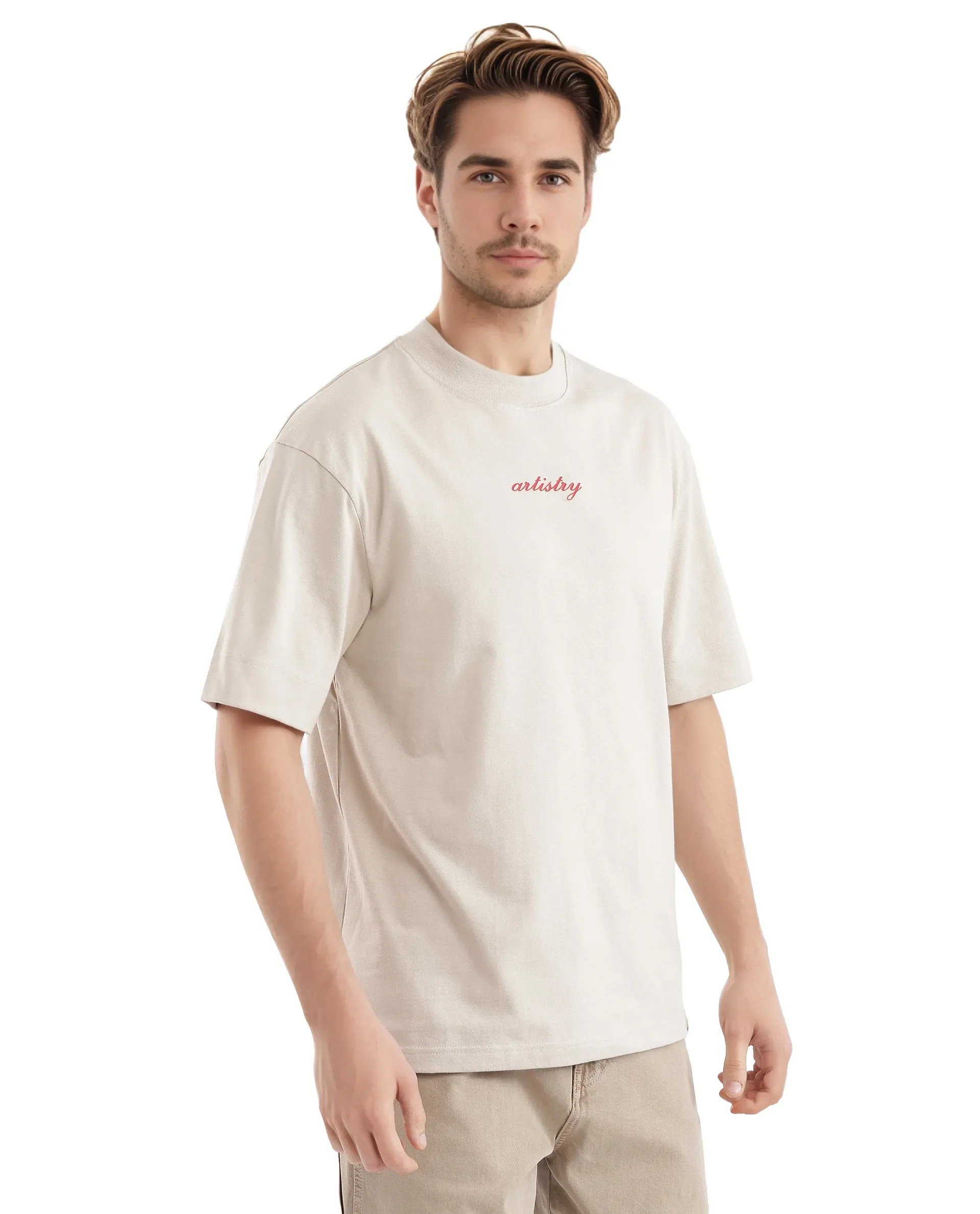 Rare Rabbit Men's Bonz-2 Beige Cotton Graphic Print Oversized Fit Half Sleeve Crew Neck T-Shirt - Image 9