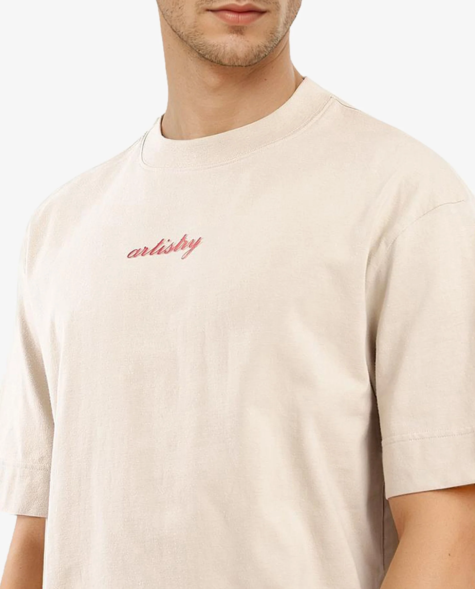 Rare Rabbit Articale Men's Bonz Beige Cotton Polyester Fabric Crew Neck Oversized Fit Botanical Print T-Shirt - Image 11