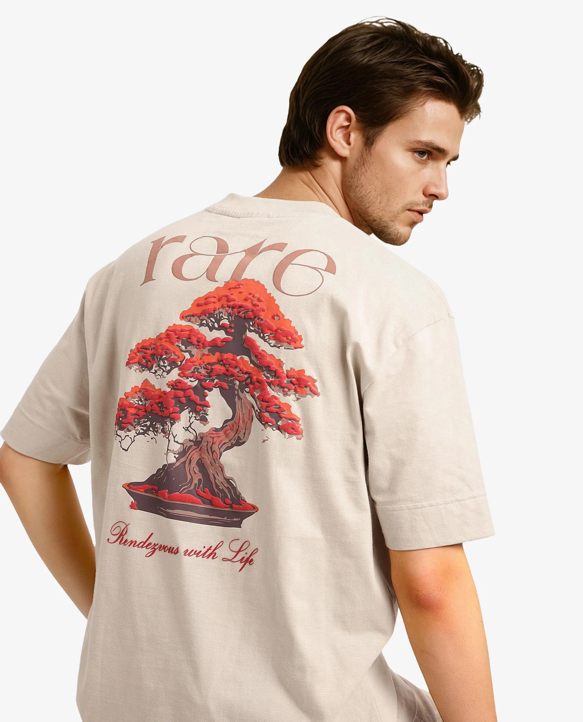 Rare Rabbit Articale Men's Bonz Beige Cotton Polyester Fabric Crew Neck Oversized Fit Botanical Print T-Shirt - Image 2