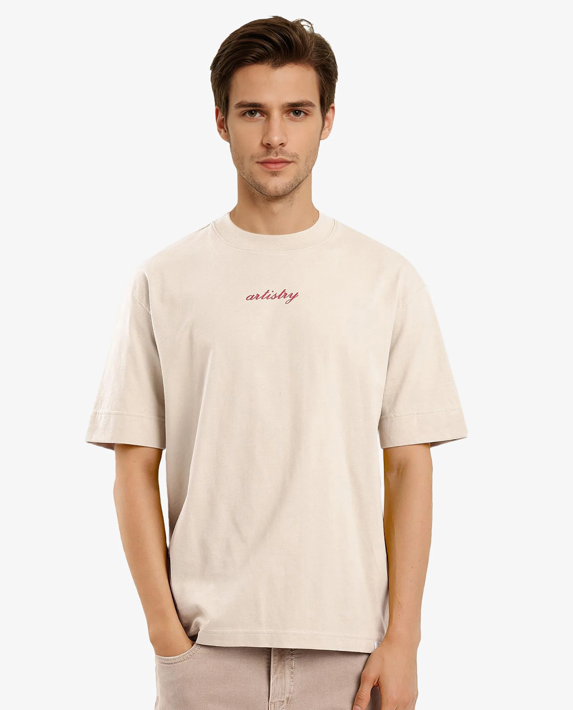 Rare Rabbit Articale Men's Bonz Beige Cotton Polyester Fabric Crew Neck Oversized Fit Botanical Print T-Shirt - Image 4