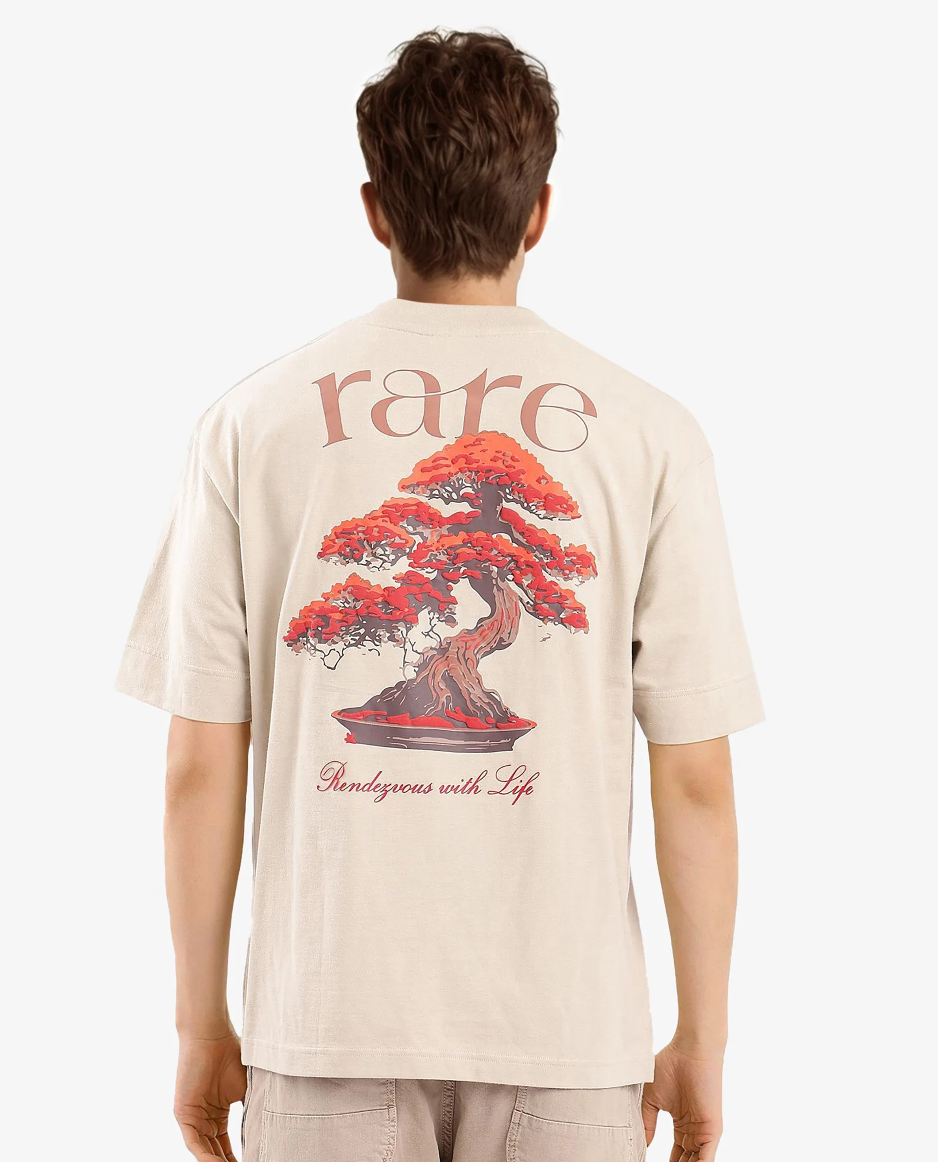 Rare Rabbit Articale Men's Bonz Beige Cotton Polyester Fabric Crew Neck Oversized Fit Botanical Print T-Shirt - Image 5