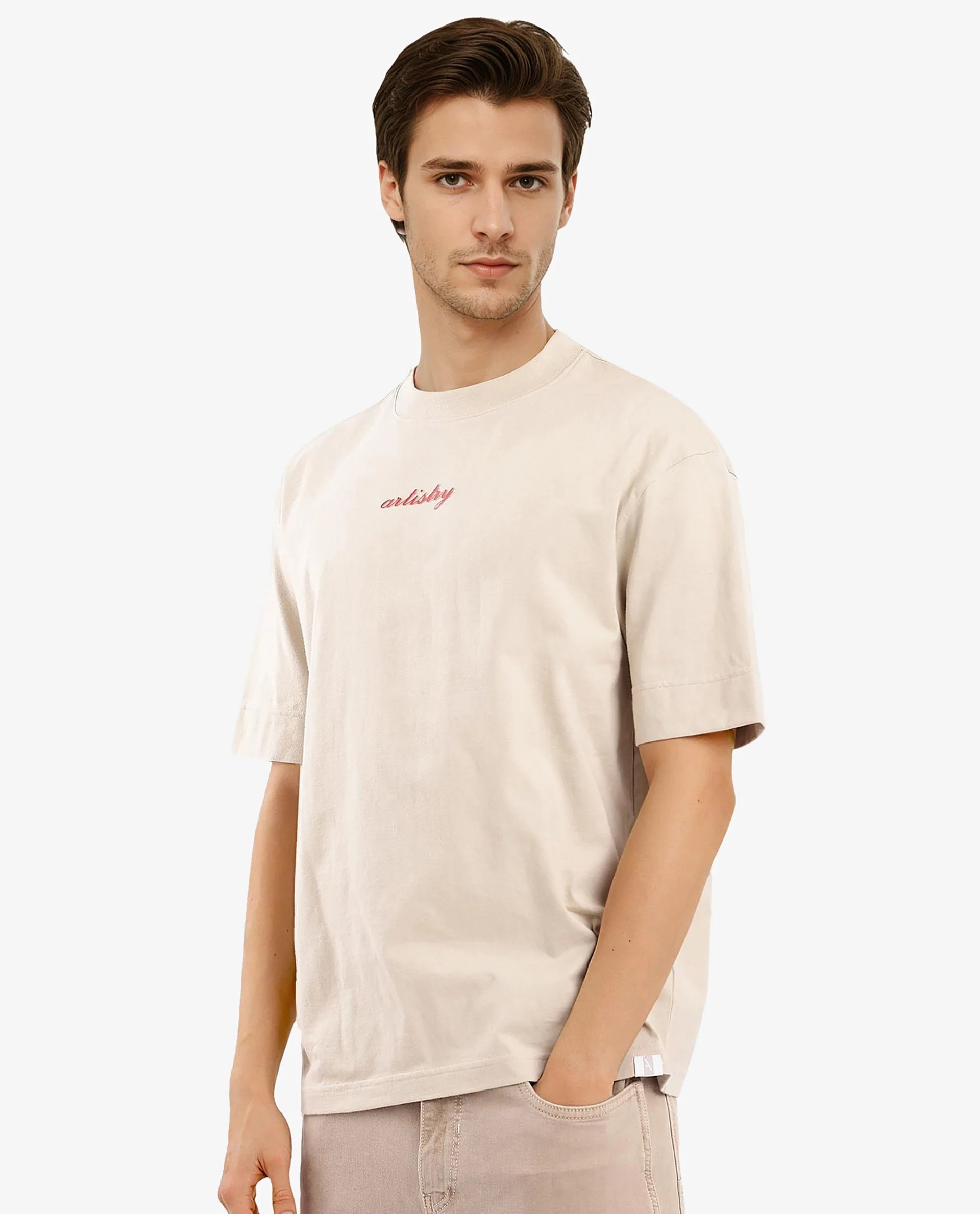 Rare Rabbit Articale Men's Bonz Beige Cotton Polyester Fabric Crew Neck Oversized Fit Botanical Print T-Shirt - Image 6