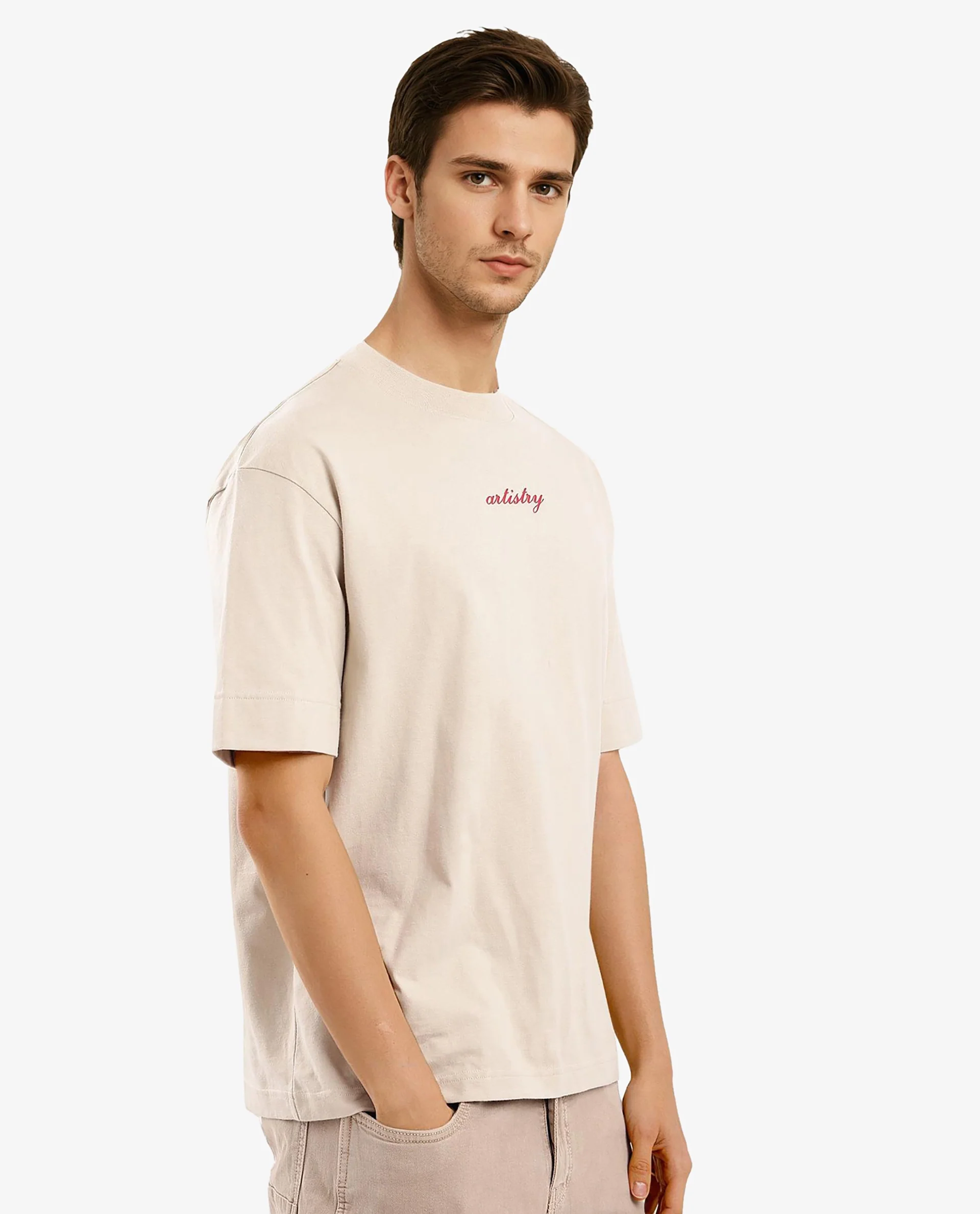 Rare Rabbit Articale Men's Bonz Beige Cotton Polyester Fabric Crew Neck Oversized Fit Botanical Print T-Shirt - Image 7