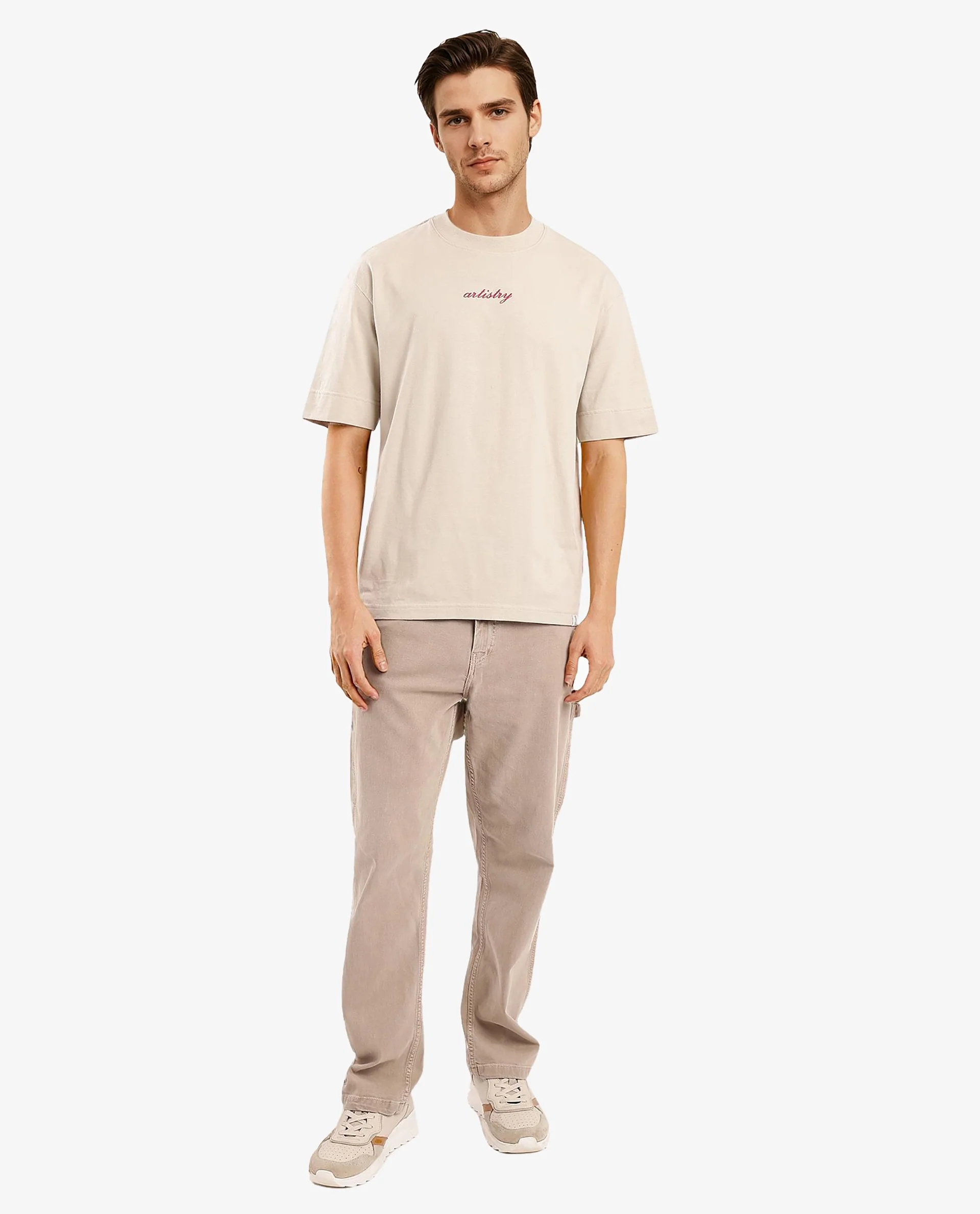 Rare Rabbit Articale Men's Bonz Beige Cotton Polyester Fabric Crew Neck Oversized Fit Botanical Print T-Shirt - Image 8