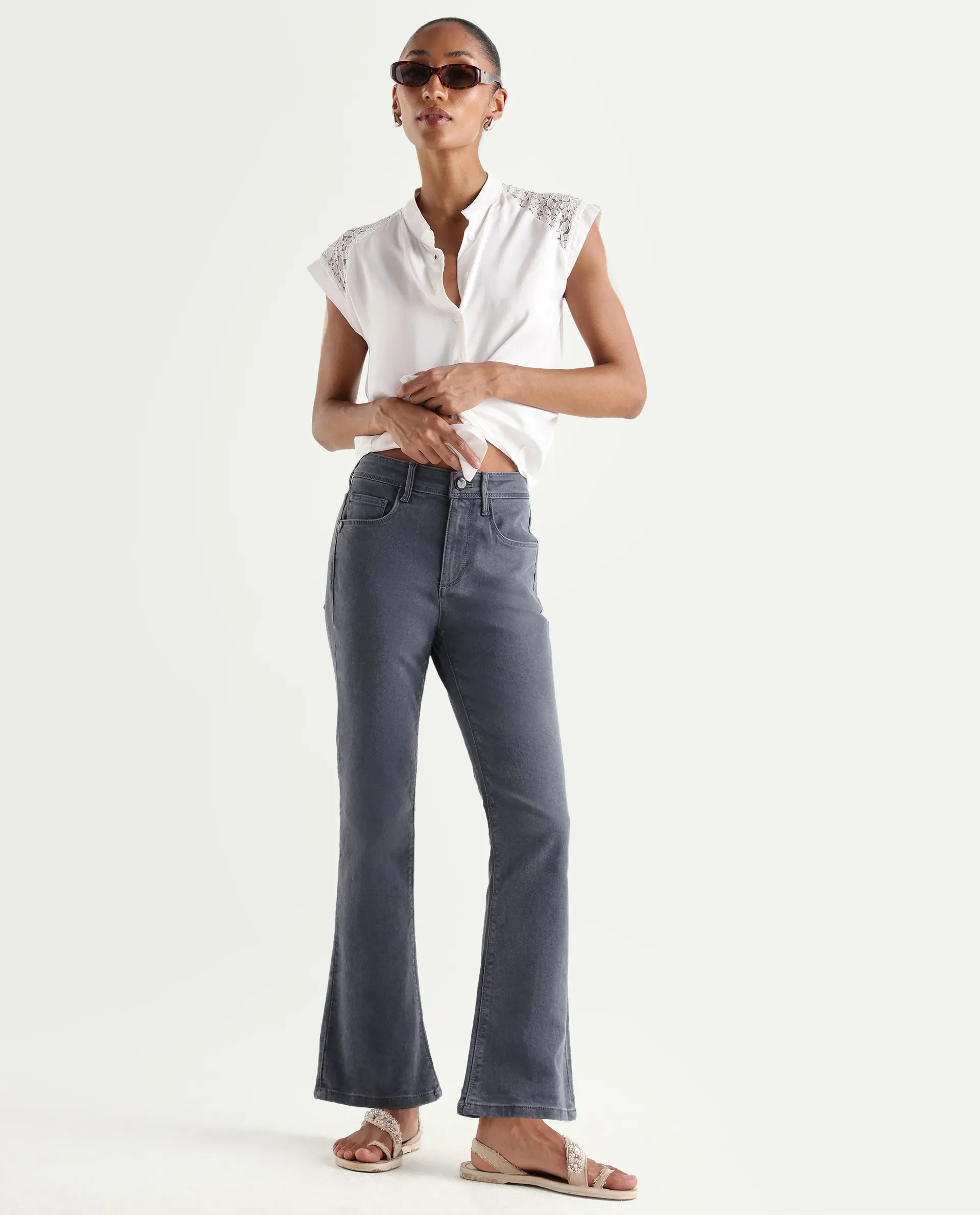 Rareism Women's Booter Grey Cotton Blend Plain Ankle Length CLASSIC BOOTCUT Jeans