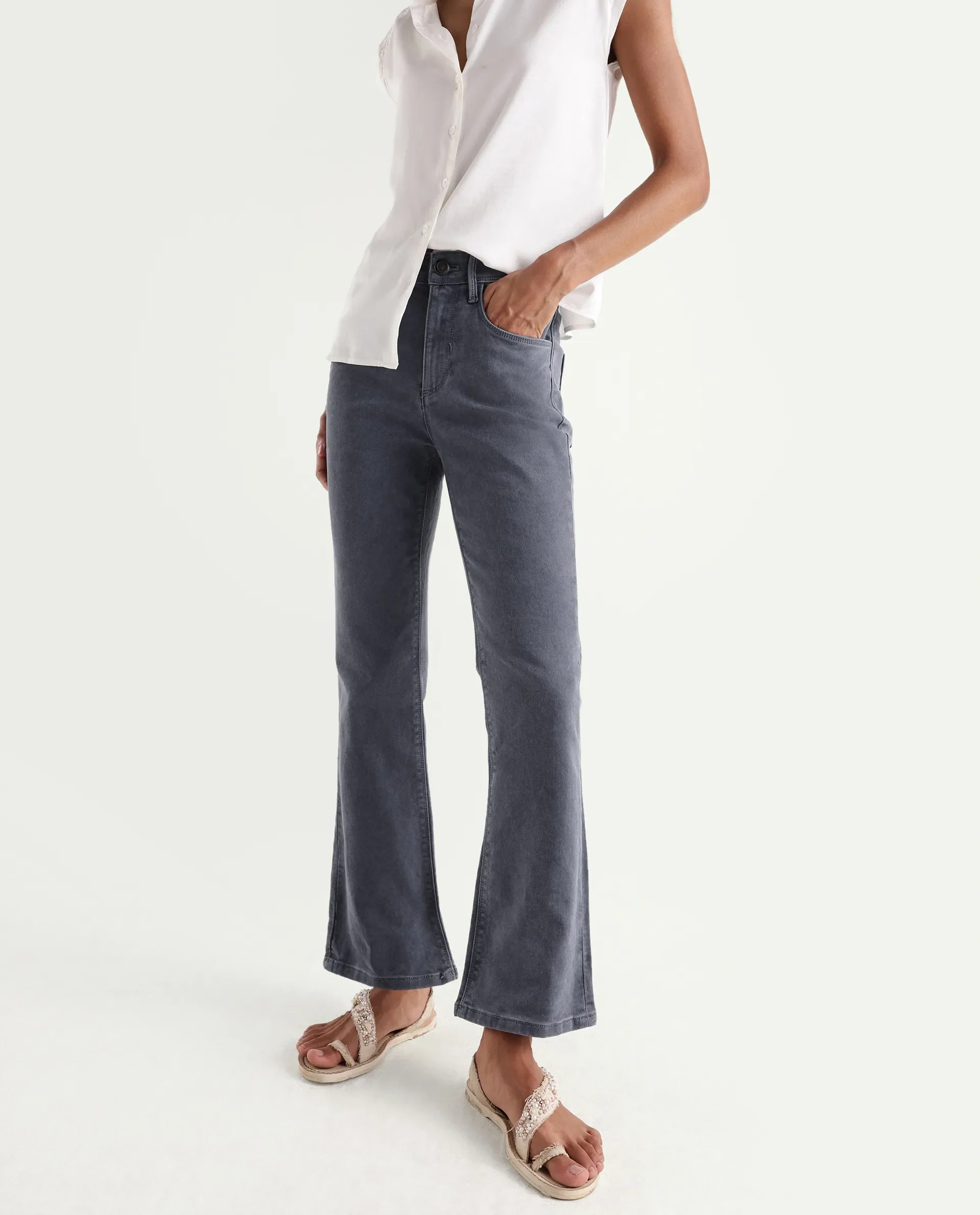 Rareism Women's Booter Grey Cotton Blend Plain Ankle Length CLASSIC BOOTCUT Jeans - Image 2