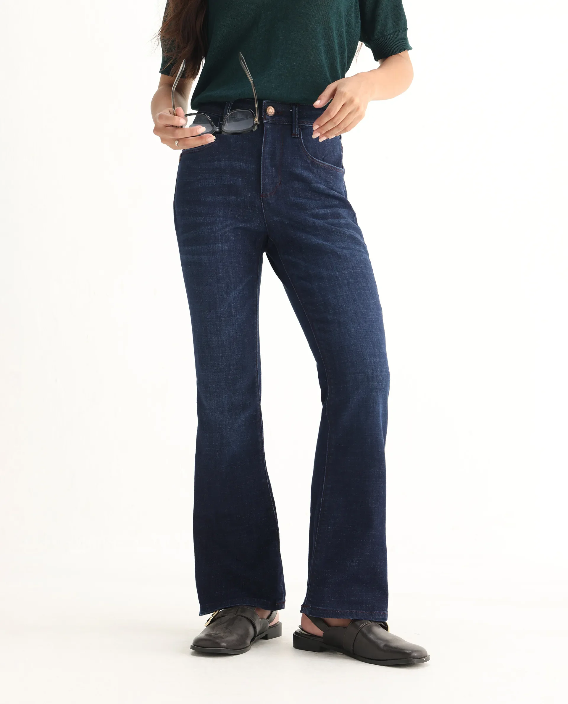 Rareism Women's Booter Blue Cotton Blend Plain Ankle Length CLASSIC BOOTCUT Jeans - Image 2