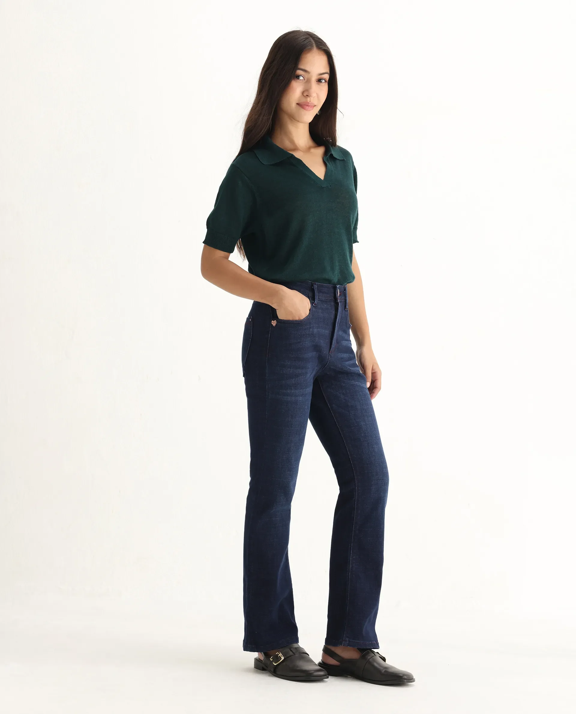 Rareism Women's Booter Blue Cotton Blend Plain Ankle Length CLASSIC BOOTCUT Jeans - Image 8