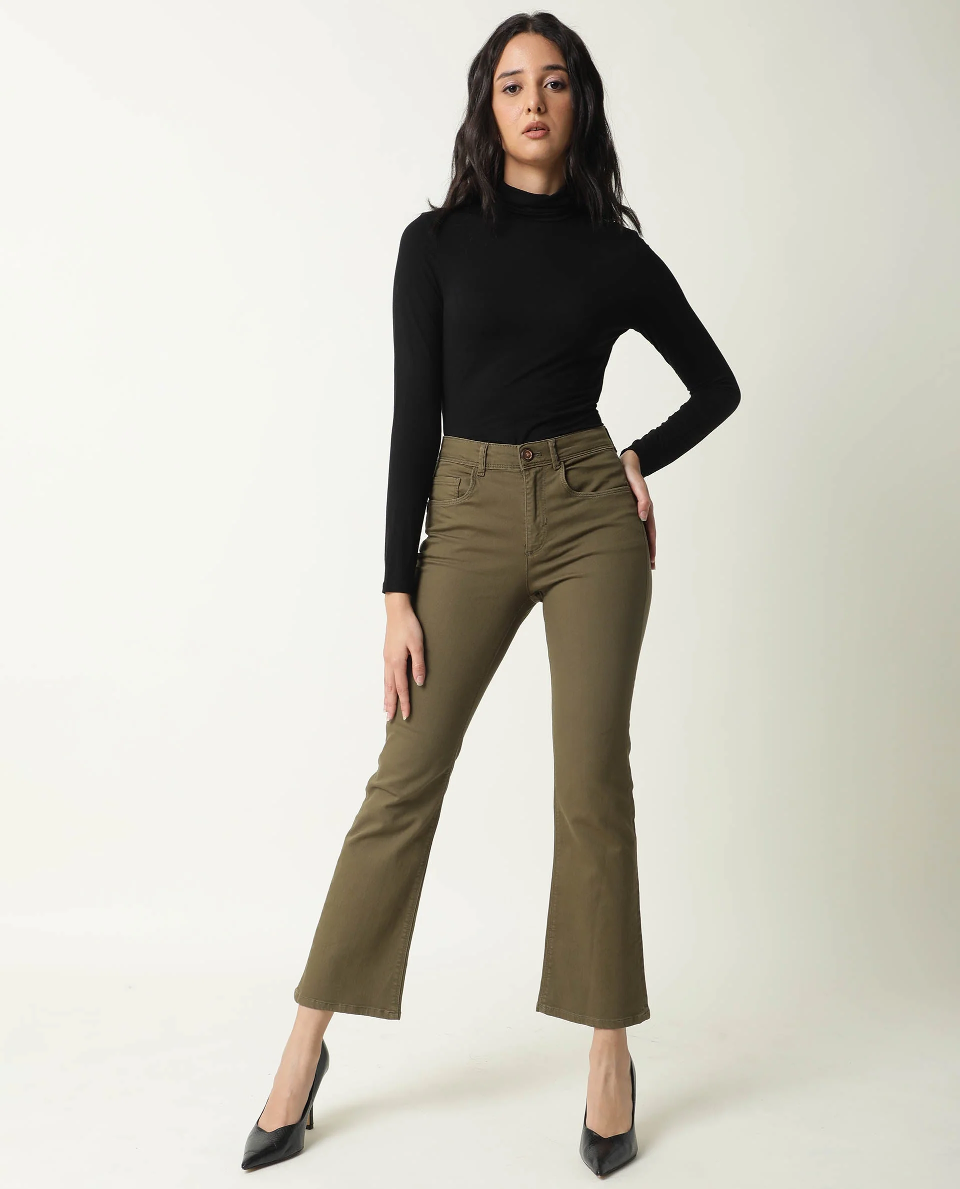 Rareism Women's Booter Green Cotton Blend Plain Ankle Length CLASSIC BOOTCUT Jeans - Image 2