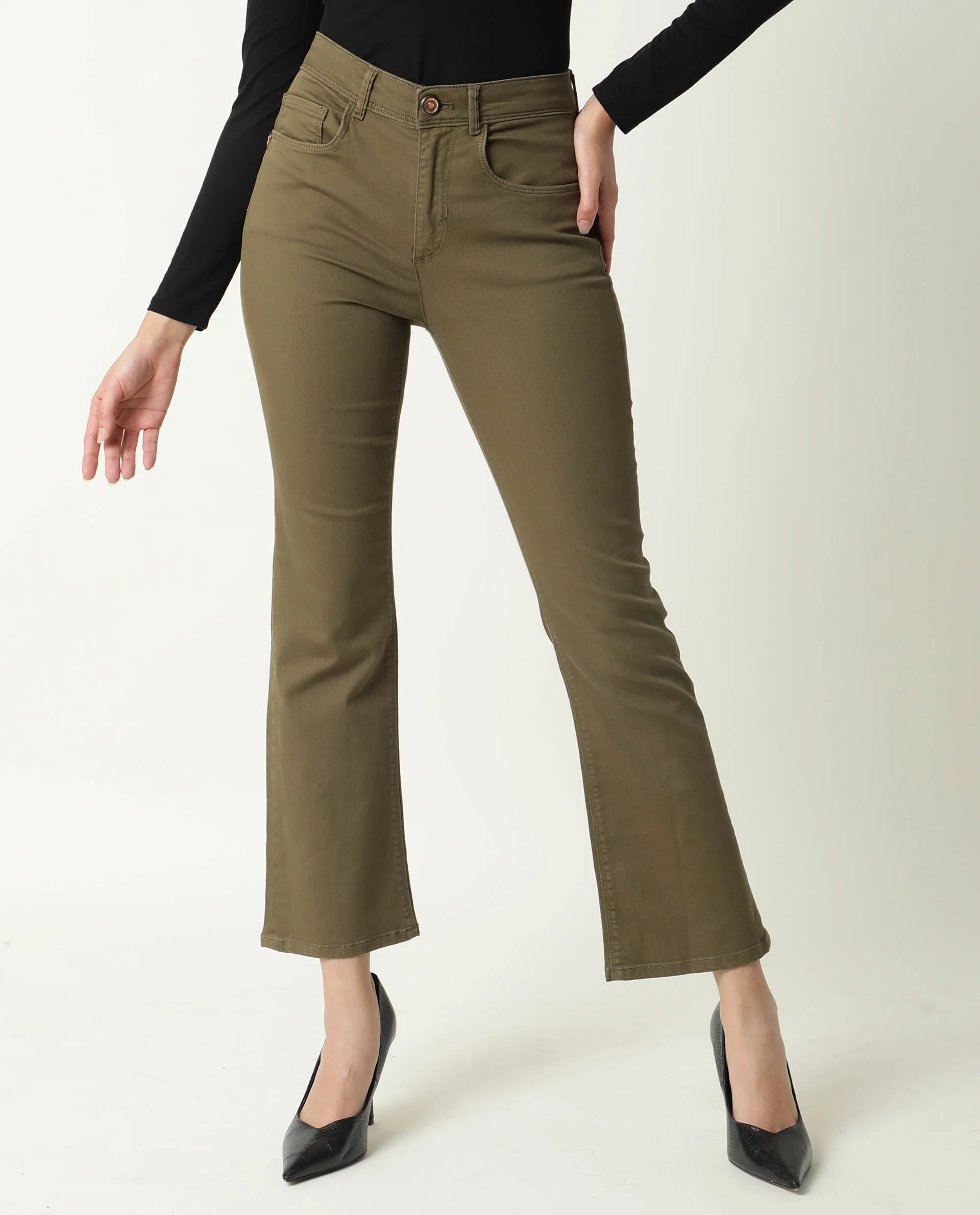 Rareism Women's Booter Green Cotton Blend Plain Ankle Length CLASSIC BOOTCUT Jeans - Image 8
