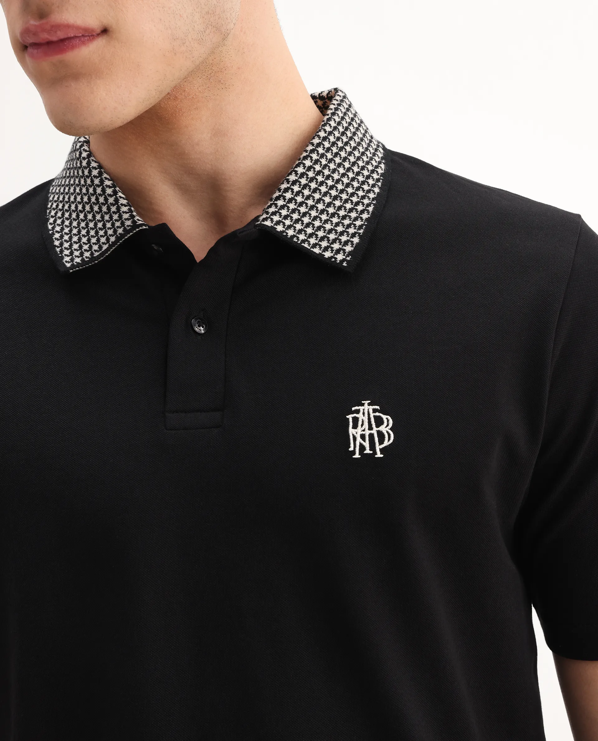 Rare Rabbit Men's Booth Black Cotton Embroidered Regular Fit Half Sleeve Polo - Image 3