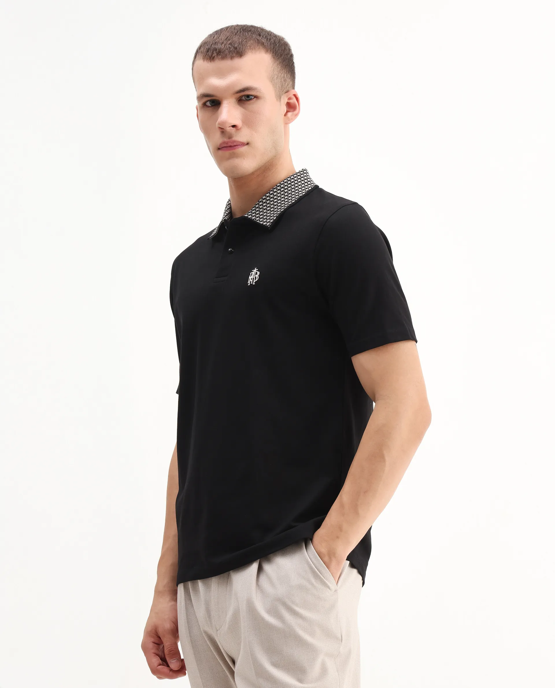 Rare Rabbit Men's Booth Black Cotton Embroidered Regular Fit Half Sleeve Polo - Image 4
