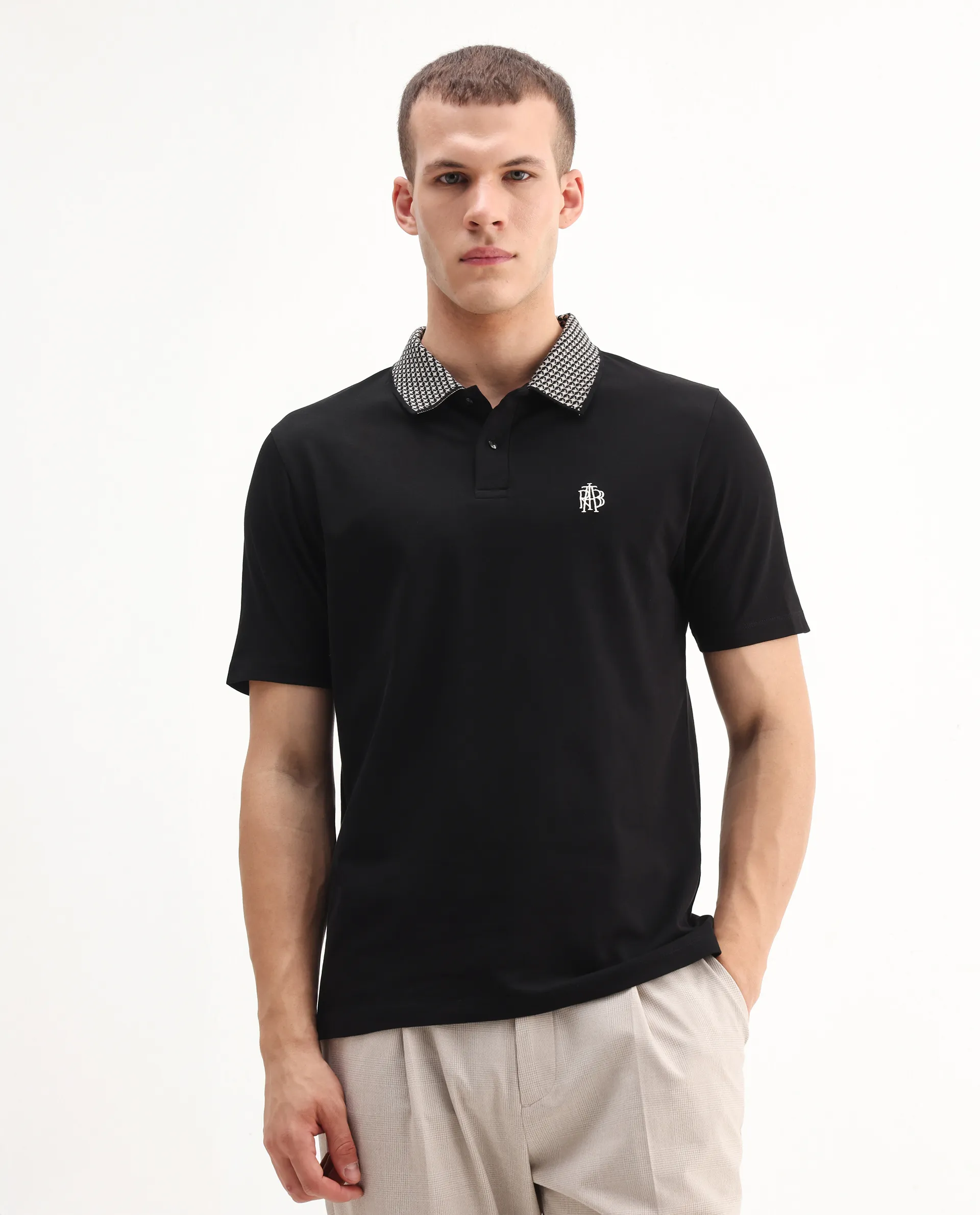 Rare Rabbit Men's Booth Black Cotton Embroidered Regular Fit Half Sleeve Polo - Image 5