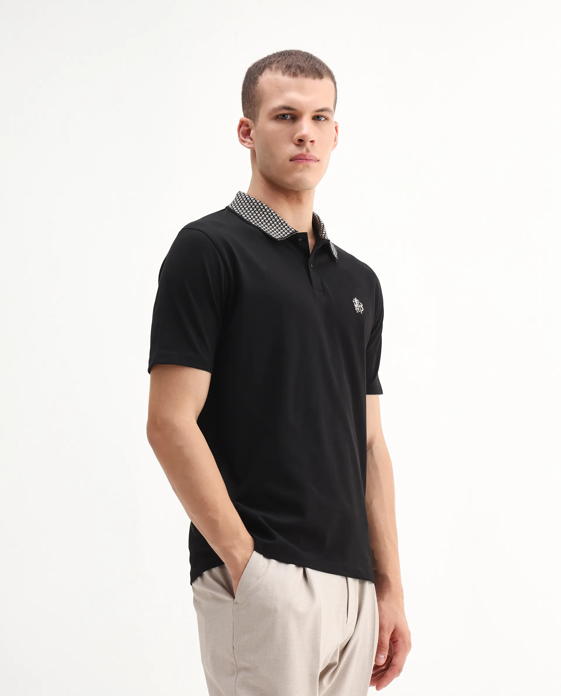 Rare Rabbit Men's Booth Black Cotton Embroidered Regular Fit Half Sleeve Polo - Image 6