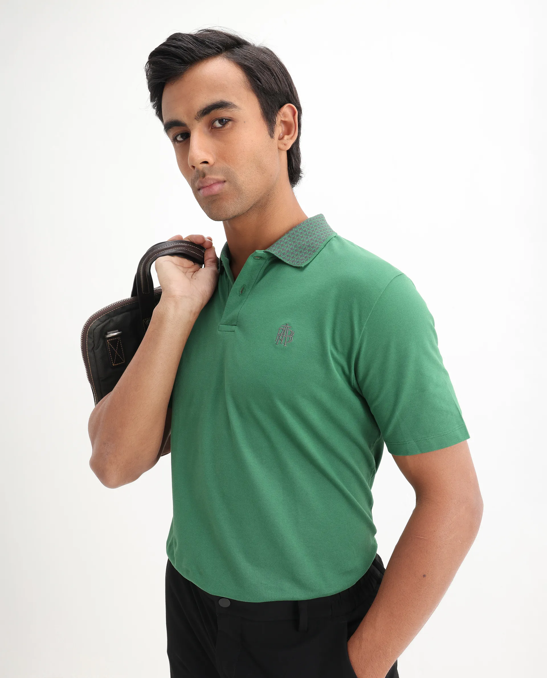 Rare Rabbit Men's Booth Green Cotton Embroidered Regular Fit Half Sleeve Polo