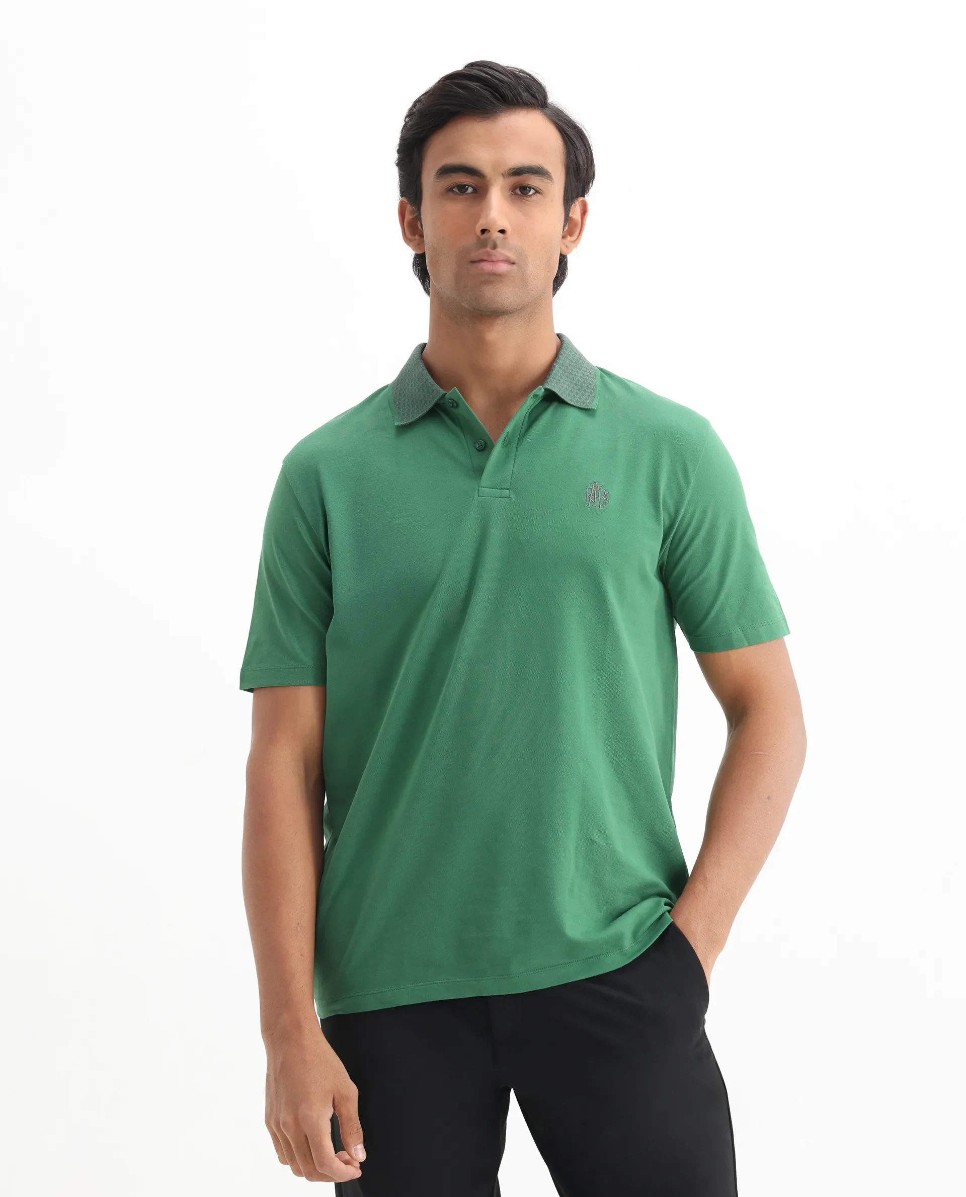 Rare Rabbit Men's Booth Green Cotton Embroidered Regular Fit Half Sleeve Polo - Image 3