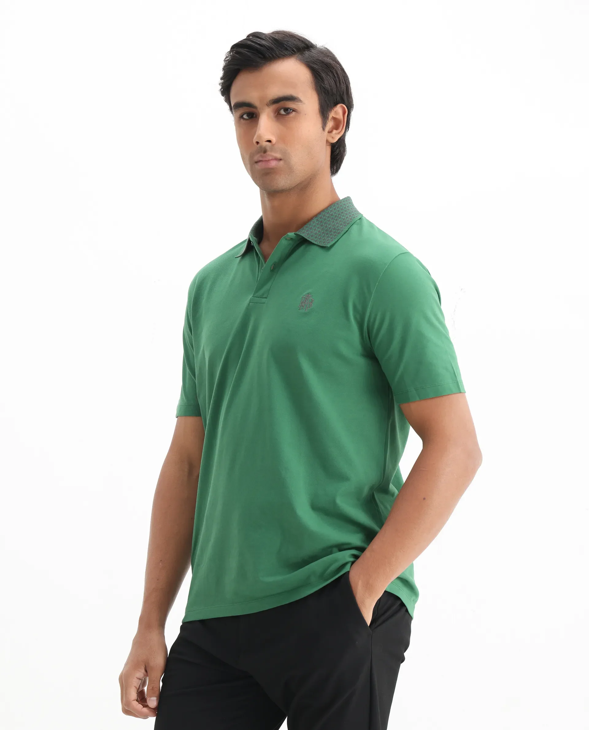 Rare Rabbit Men's Booth Green Cotton Embroidered Regular Fit Half Sleeve Polo - Image 7