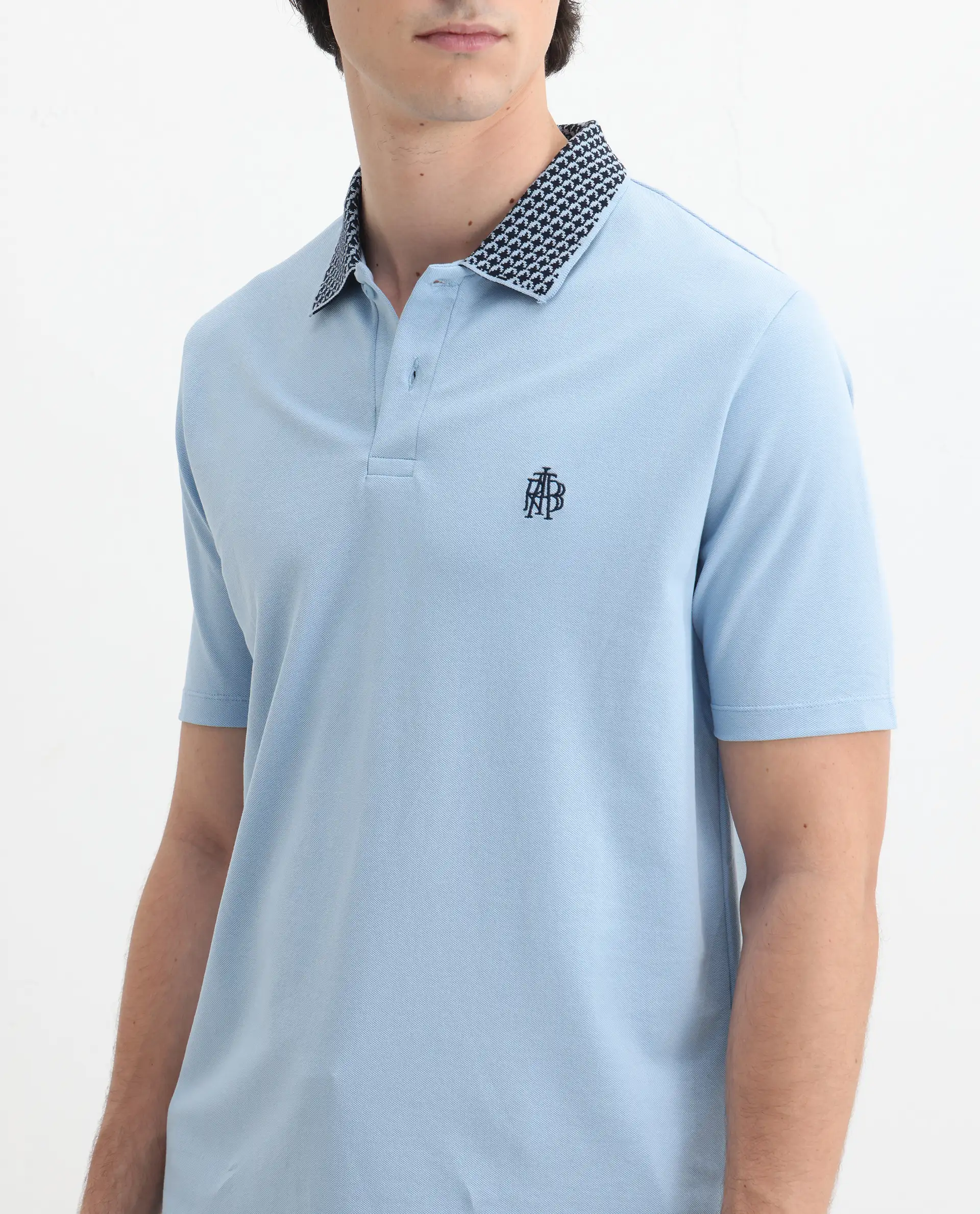 Rare Rabbit Men's Booth Light Blue Cotton Embroidered Regular Fit Half Sleeve Polo - Image 3