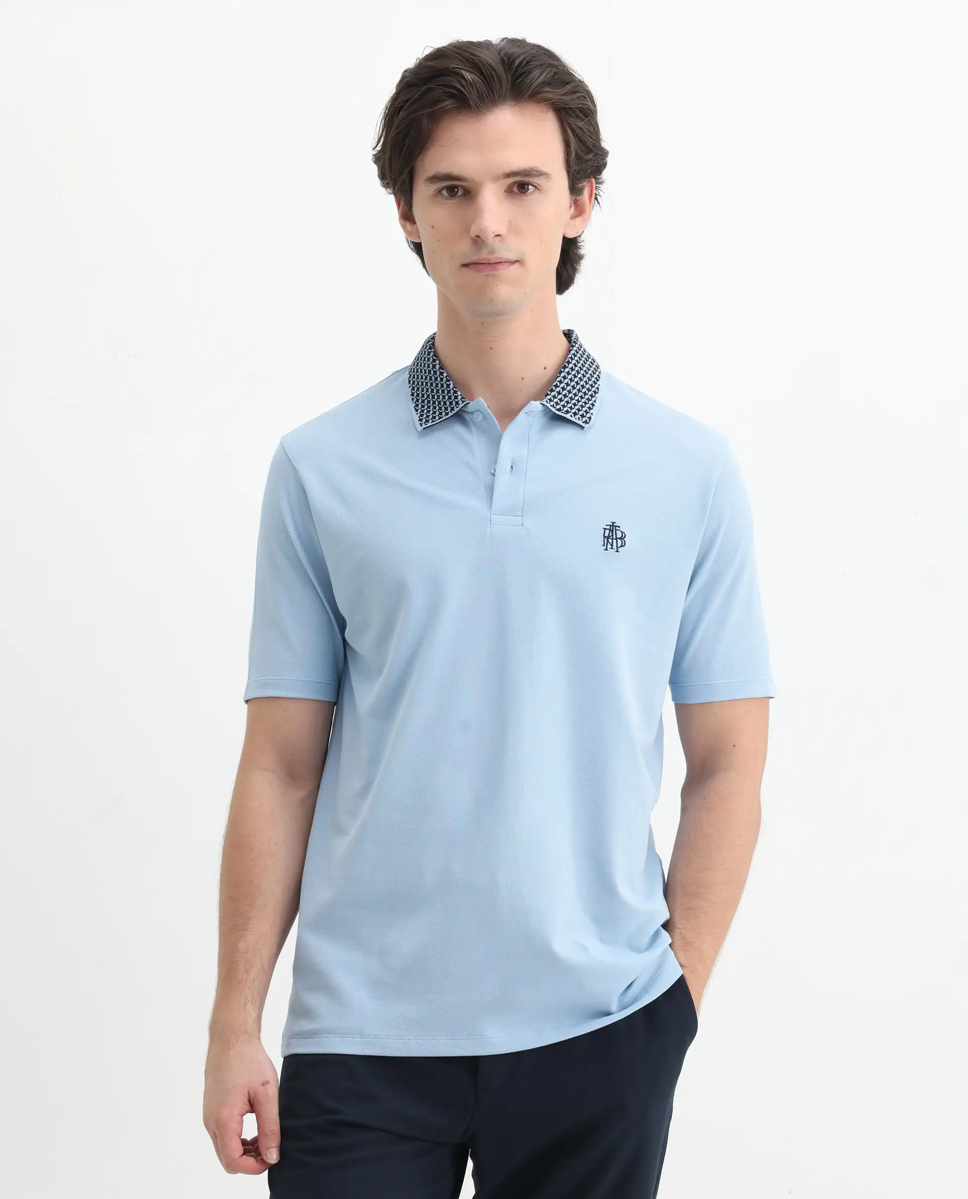Rare Rabbit Men's Booth Light Blue Cotton Embroidered Regular Fit Half Sleeve Polo - Image 4