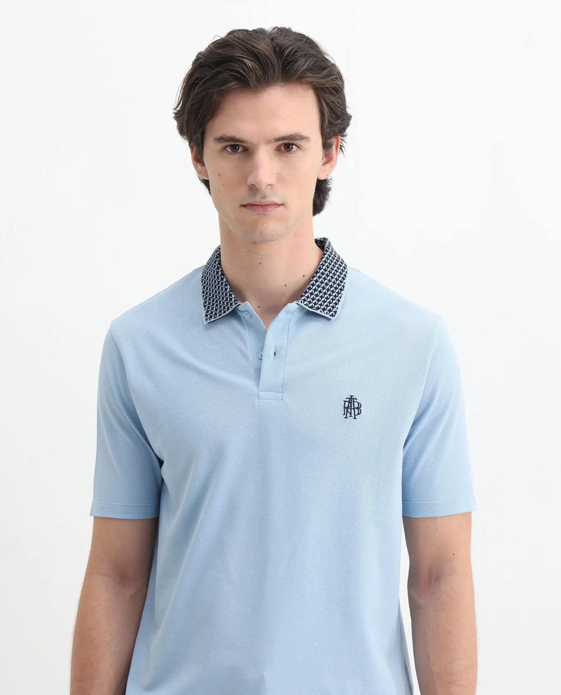 Rare Rabbit Men's Booth Light Blue Cotton Embroidered Regular Fit Half Sleeve Polo - Image 7