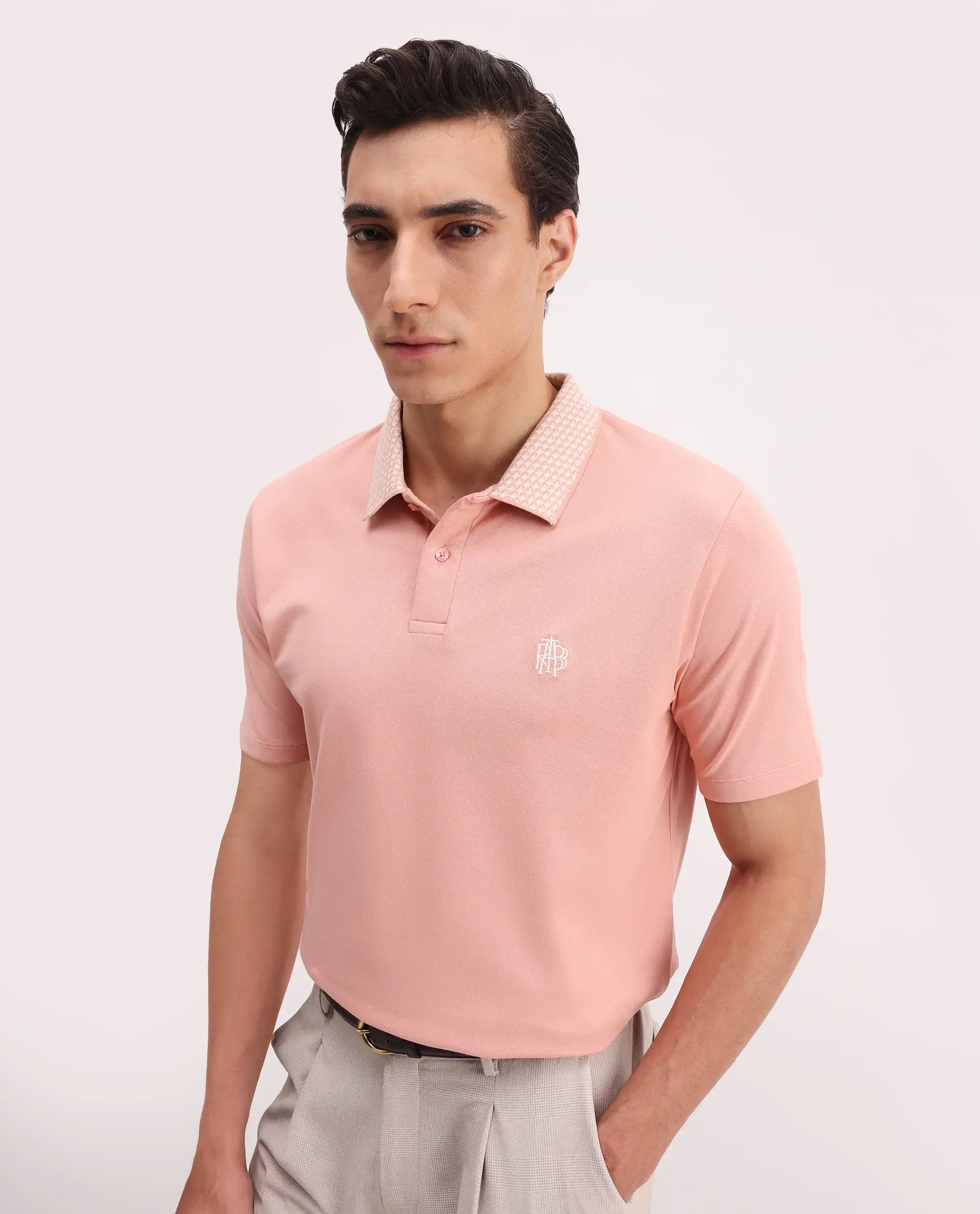 Rare Rabbit Men's Booth Light Peach Cotton Embroidered Regular Fit Half Sleeve Polo