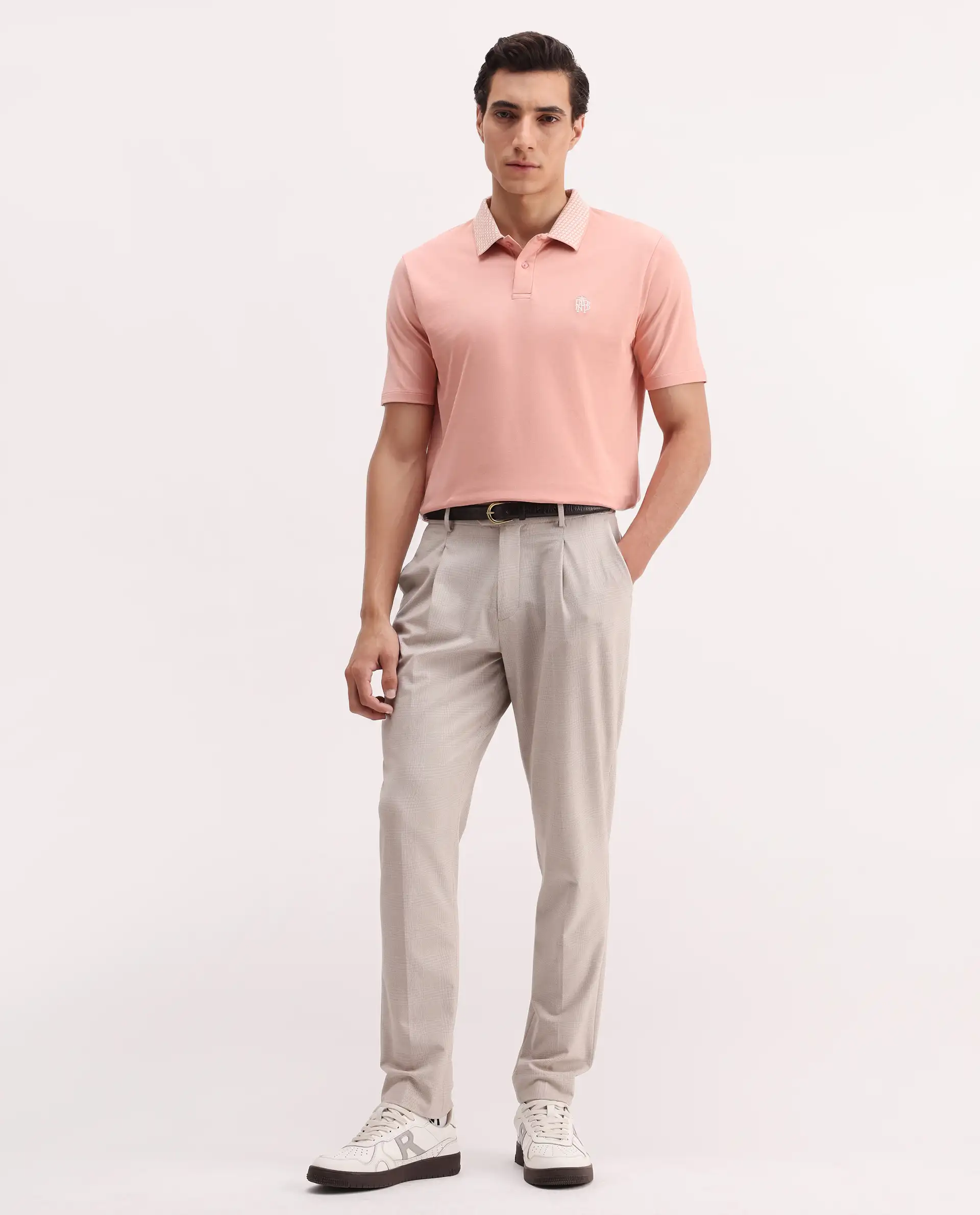 Rare Rabbit Men's Booth Light Peach Cotton Embroidered Regular Fit Half Sleeve Polo - Image 2