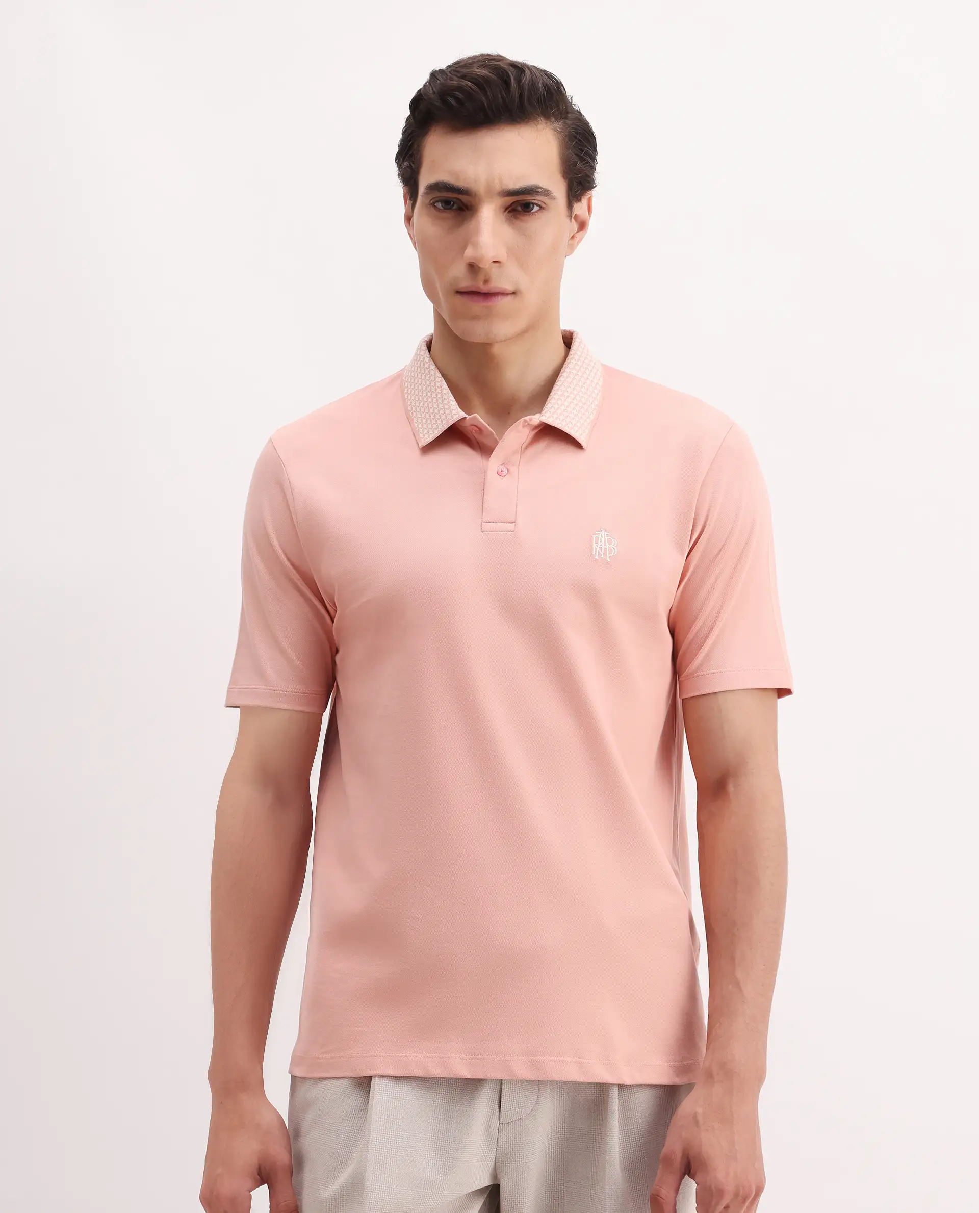 Rare Rabbit Men's Booth Light Peach Cotton Embroidered Regular Fit Half Sleeve Polo - Image 3