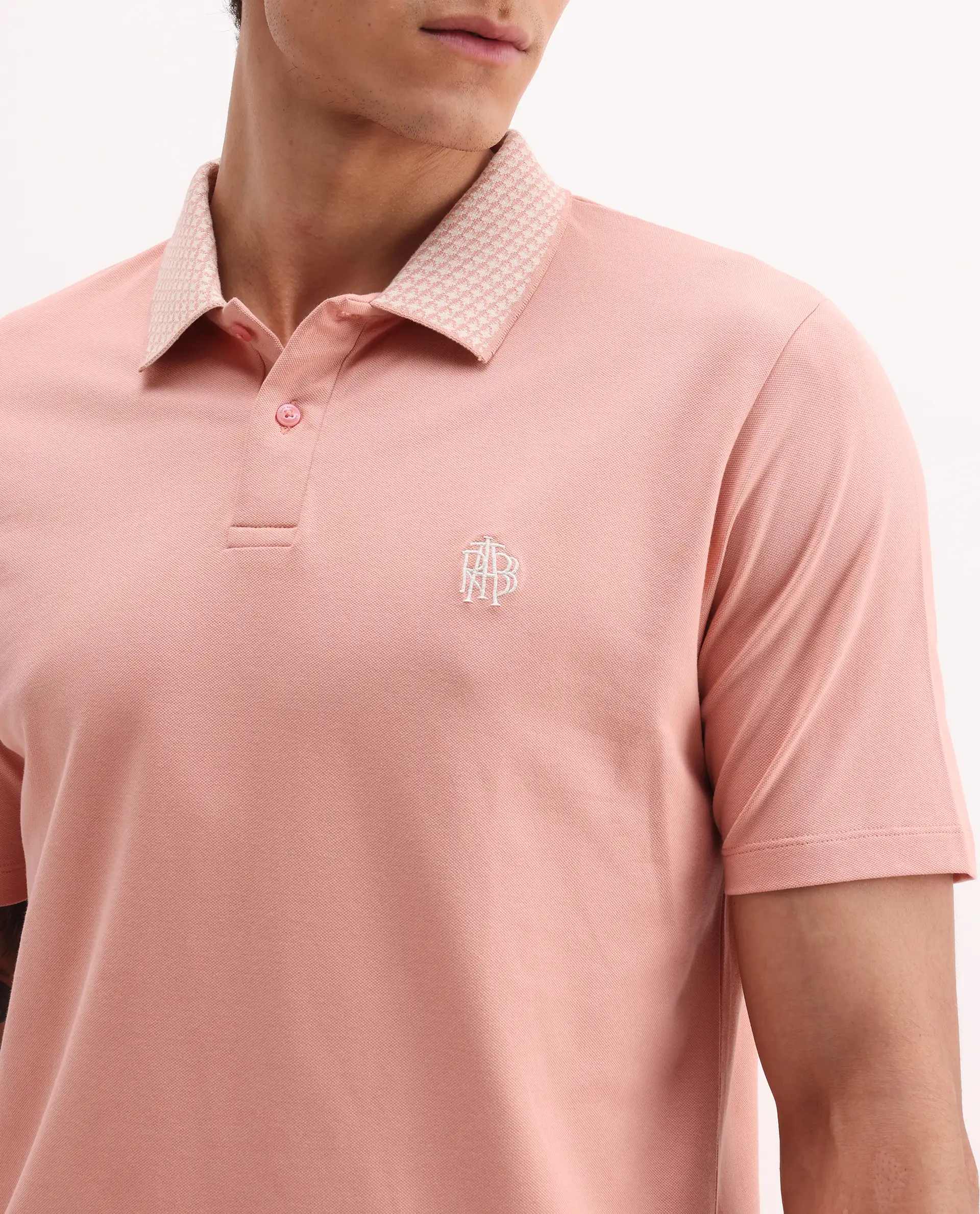 Rare Rabbit Men's Booth Light Peach Cotton Embroidered Regular Fit Half Sleeve Polo - Image 4